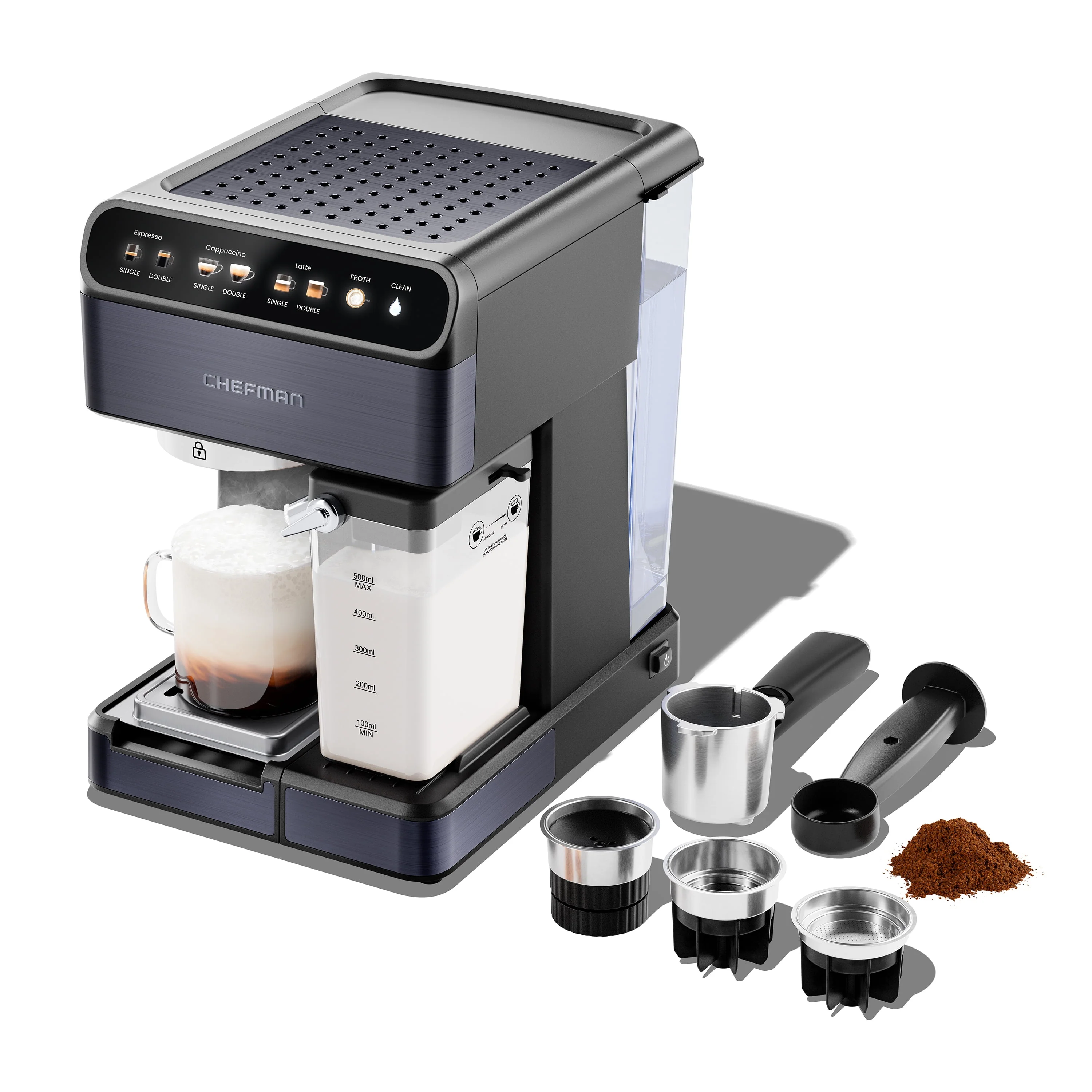Chefman Espresso Machine w/ Milk Frother, 20 Bar Pump, Digital Display - Black Stainless Steel, New