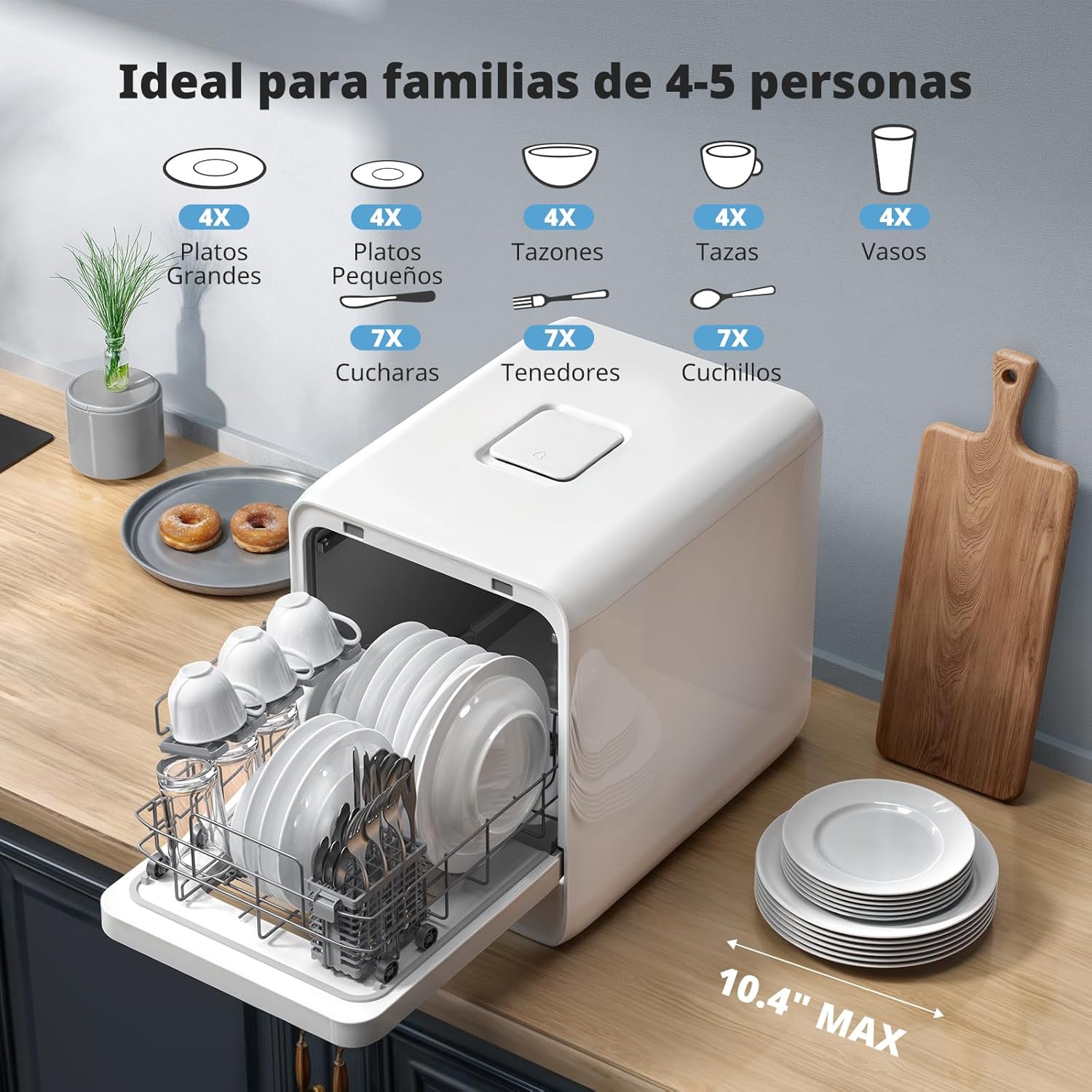 AIRMSEN Lavavajillas de Encimera Mini Lavavajillas con Tanque de 5L, 7+2 Programas Diseño Ultra Estrecho (37x50cm) y Gran Profundidad Lavavajillas Compacto Rociado Dual 360° Blanco (Blanco)