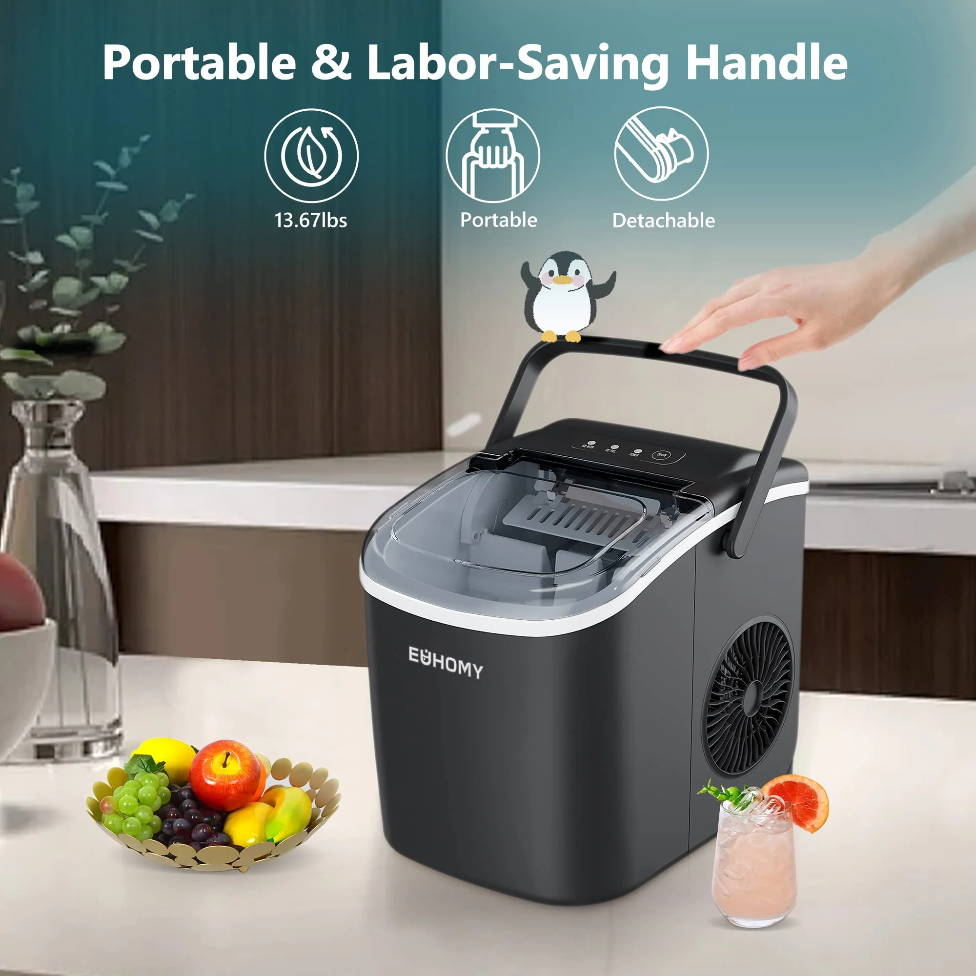 EUHOMY Countertop Ice Maker Machine with Handle