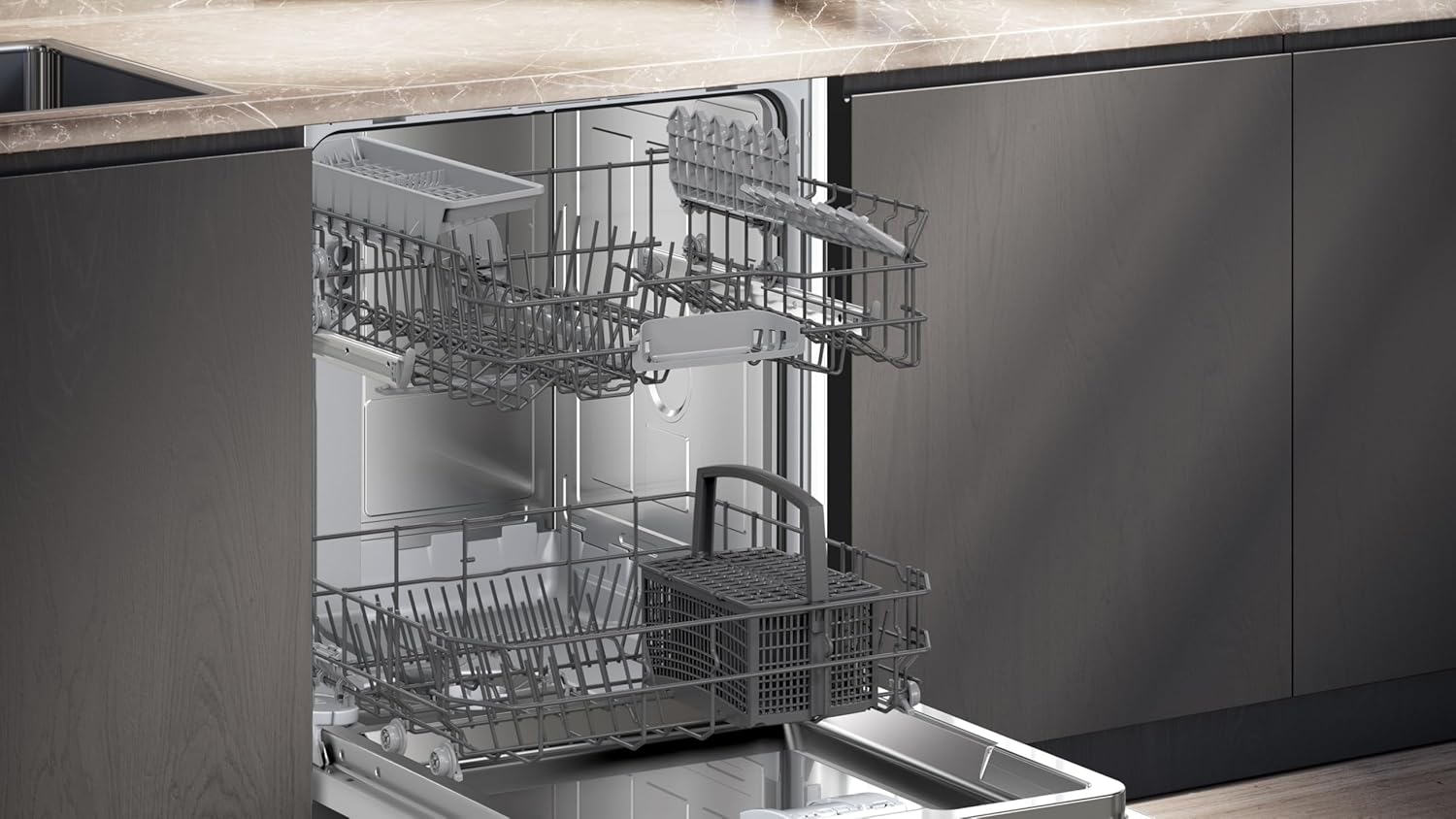 Siemens SN43ES14VE, iQ300 Smarter Geschirrspüler, Unterbau-Spülmaschine mit Besteckschublade, 60 cm, automatische Türöffnung dank autoOpen dry, besonders leise mit iQdrive-Motor, aquaStop, Edelstahl