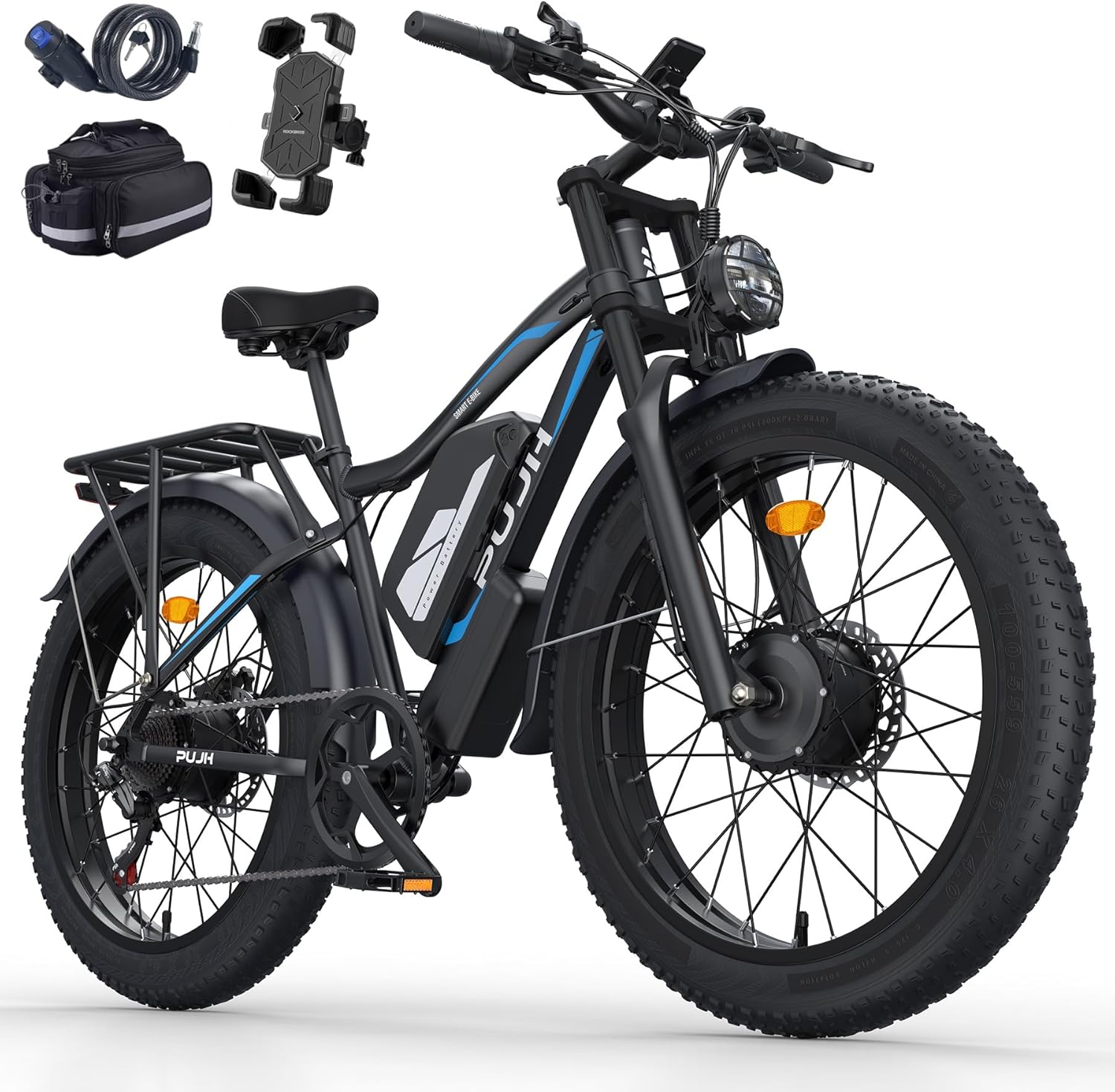 PUJH Snow Electric Bike, 52V 25Ah(1300Wh) Peak 3000W Dual Motor 26 Fat Tire Ebike for Adult, Max 36 mph & 40-110 Miles Electric Moped with Hydraulic Brakes, Off Road, Dirt, Mountain E Bicycle for Men
