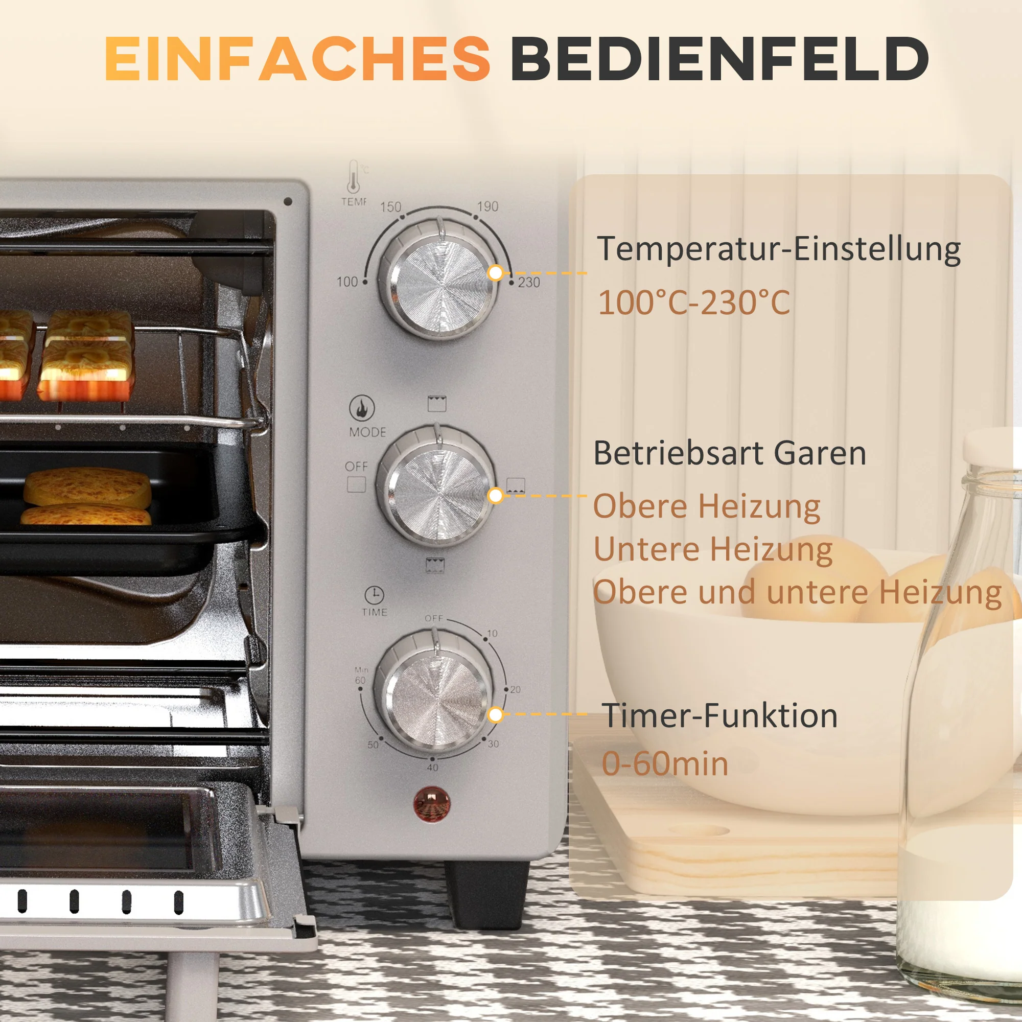 HOMCOM Minioven, 21L, 3 Kookmodi, 100°C-230°C, Rost & Plaat, Roestvrijstaal/Glas, Zilver