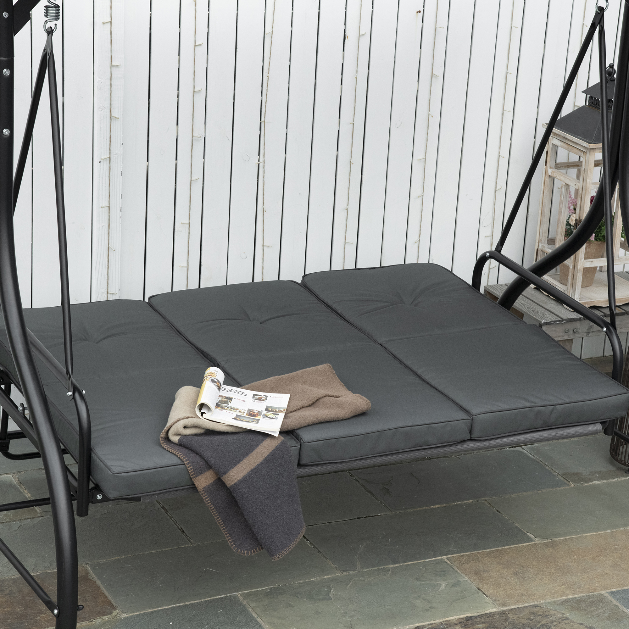 Outsunny Schommelbank Hollywoodschommel met Zonwering, Tuinschommel, Verandaschommel, 3 Zitplaatsen, Schommelbed