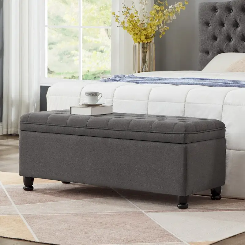 Tufted Storage Ottoman Bench with Upholstered Seat and Wooden Legs