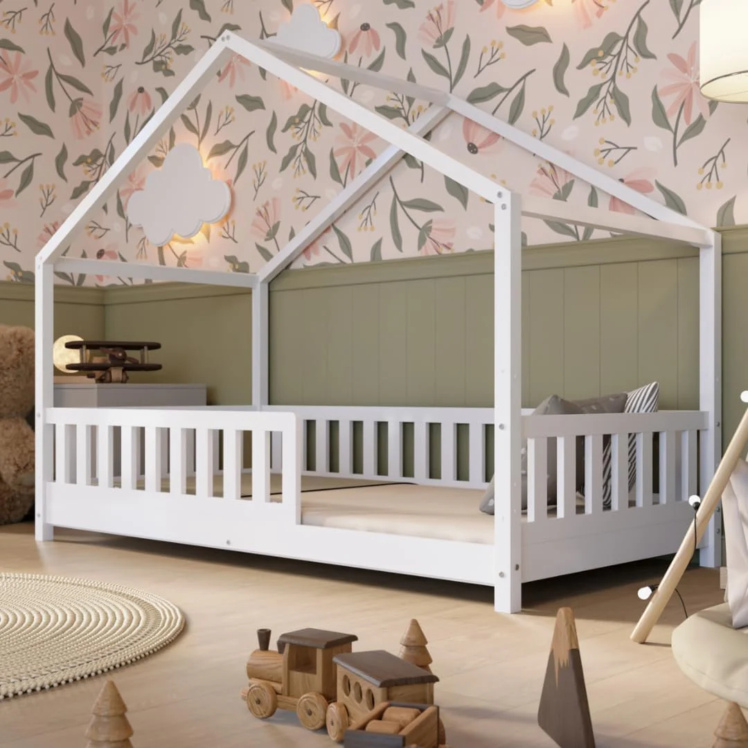 Crazy Pine Hausbett mit Schubladen 200x90 cm �C Kinderbett aus Naturholz mit Rausfallschutz �C Montessori Bodenbett mit zus?tzlichen Stauraum und und Abnehmbarer Barriere - Crazy House