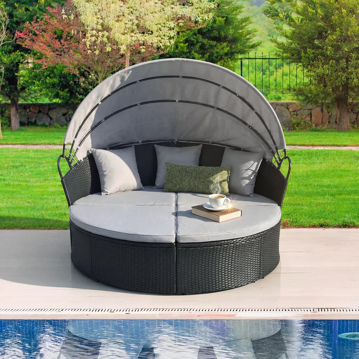 COSTWAY Sonneninsel Rattan mit Dach, Sonnenliege für 2 Personen, Gartenliege mit Sitz- und Rückenkissen, Lounge Möbel Outdoor, Liegeinsel für Garten, Terrasse (Grau)