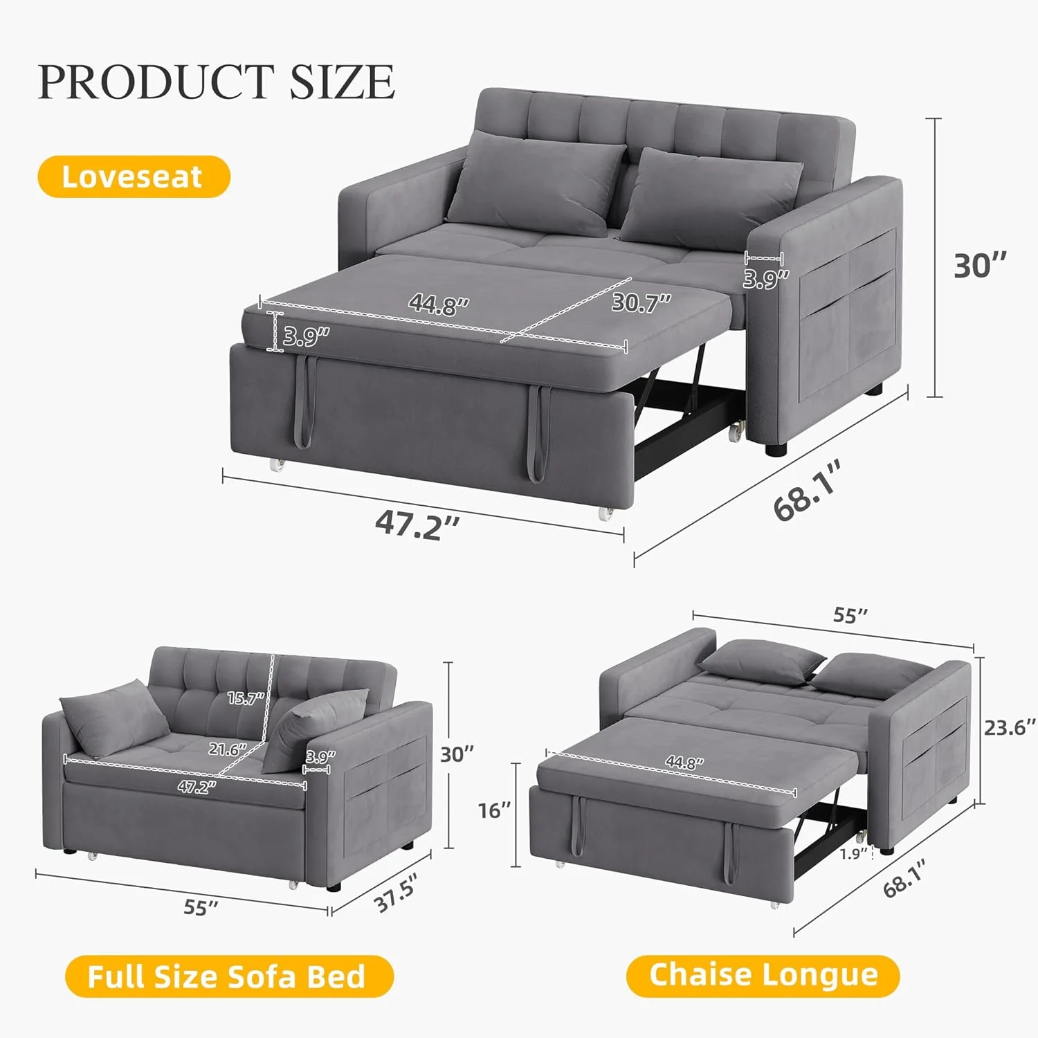 DWVO 3-in-1 Convertible Sofa Bed, 55