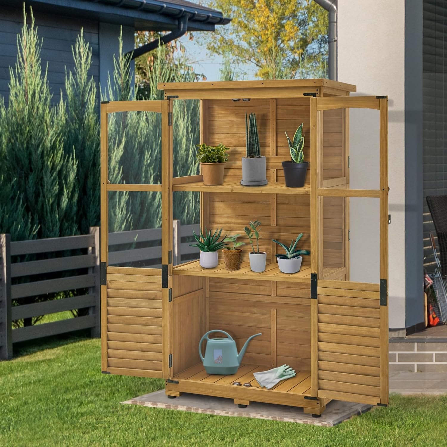 M MCombo Gartenschrank Holz 0120, Gerätehaus Wetterfest Klein, Outdoor Gartenhaus Geräteschuppen für Außenbereich Terrasse Balkon, 87×46×160 cm, (Natur)