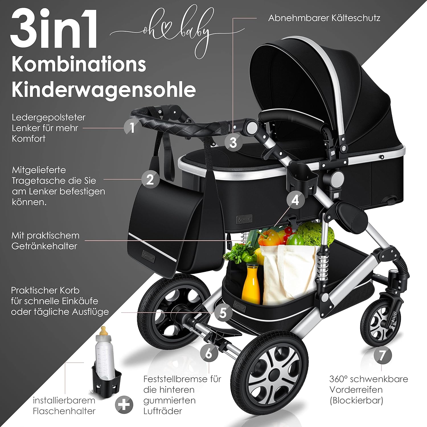 KESSER® Loops 3 in 1 Kinderwagen Kombikinderwagen Komplett-Set inkl. Babywanne & Buggy Sportsitz & Auto-Babyschale Voll-Gummireifen Wickeltasche Regenschutz Kindertisch ECE R129, Grau/Silber