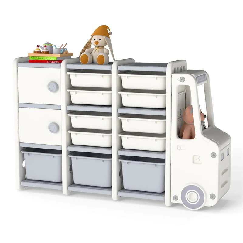 Truck-Shaped Kids Toy Storage Organizer with 11 Removable Bins, 2 Cabinets & Top Shelf, Toddler Bookshelf for Playroom & Kids Room