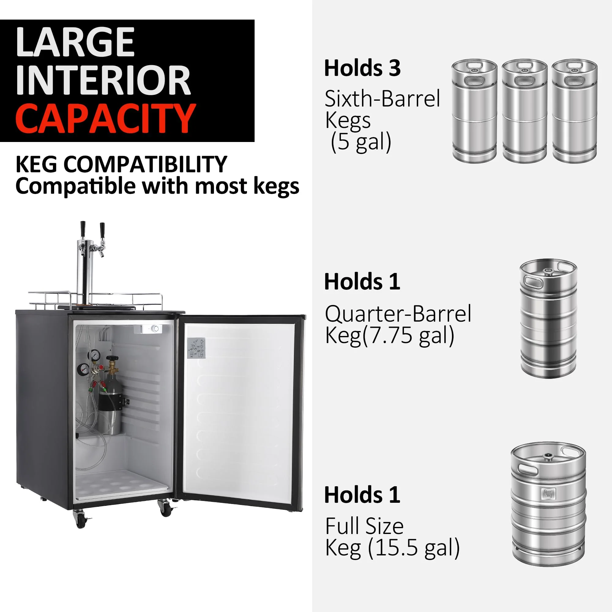 Beer Kegerator, Dual Tap Draft Beer Dispenser, Full Size Stainless Steel Keg Refrigerator With Drip Tray, CO2 Cylinder, 32°F- 50°F Temperature Control, 170L