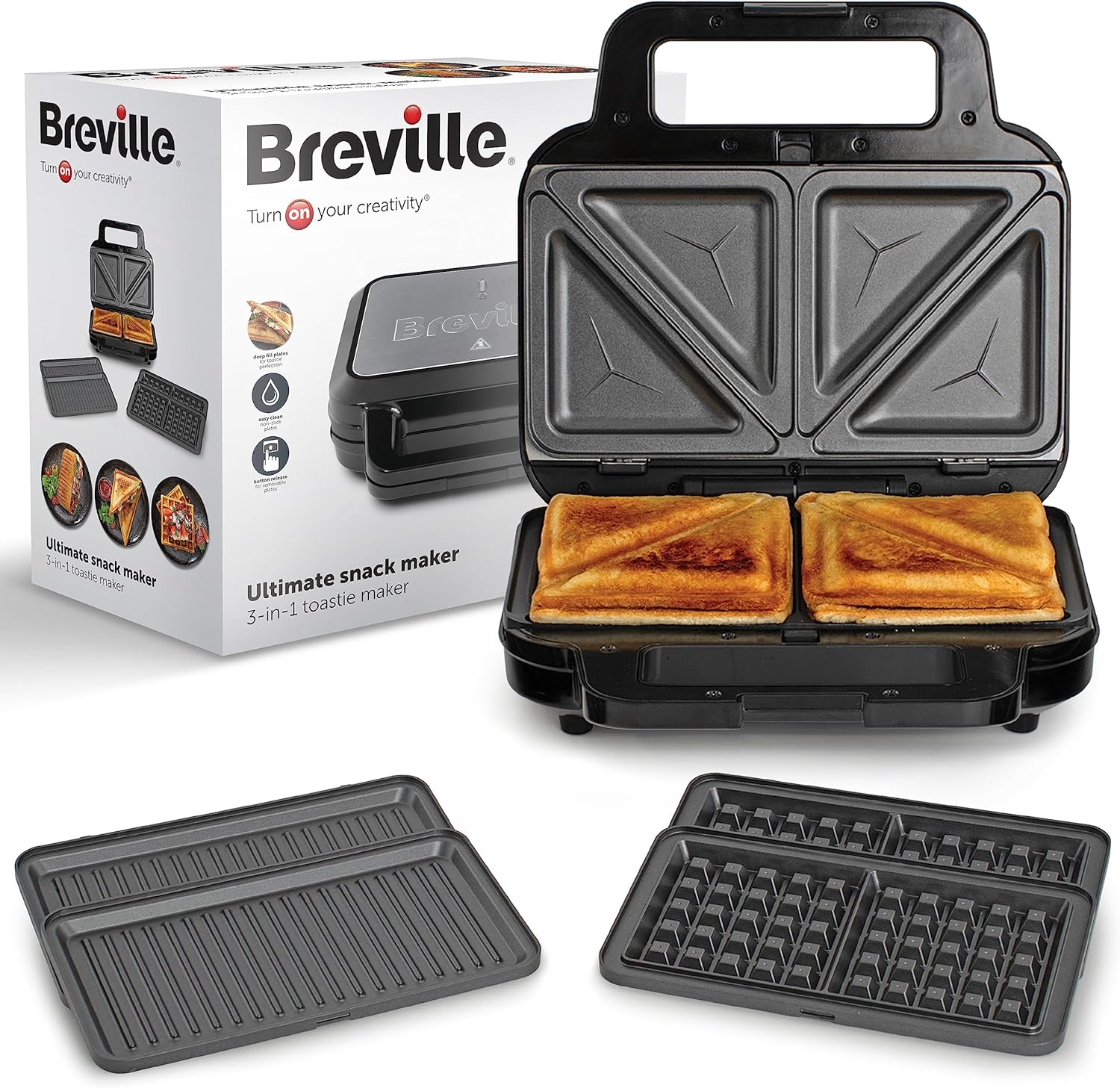 Breville 3-i-1 Ultimate Snack Machine | Smörgåsar, våfflor och paninipress | Avtagbara non-stick-plattor | Svart och rostfritt stål [VST098X] | EU-kontakt