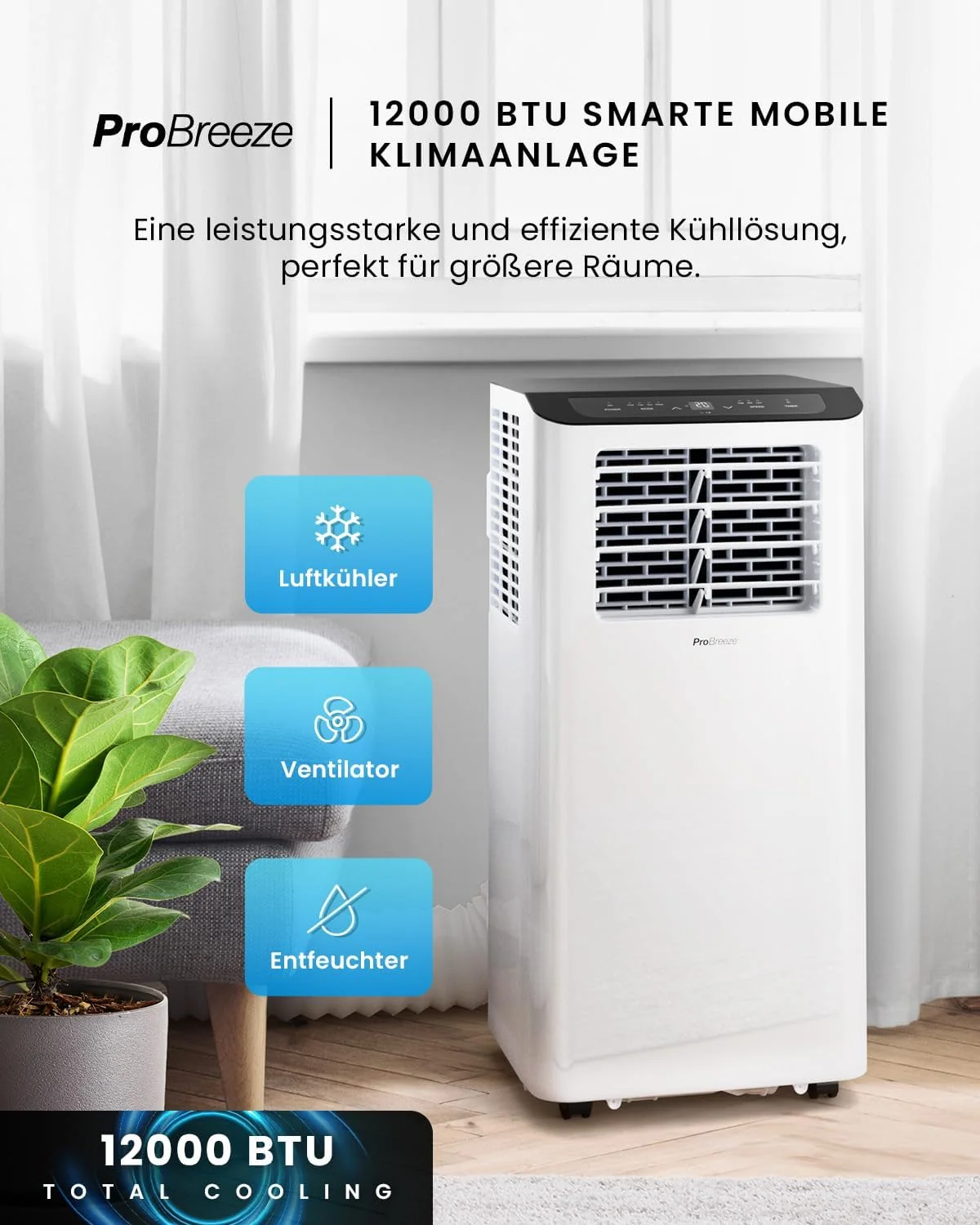 2026 Pro Breeze 12000 BTU Mobile Klimaanlage (Räume bis 50㎡) – Klimaanlage mobil mit App-Steuerung, Timer & LED-Display – inkl. Fensterabdichtung & Abluftschlauch – Mobiles Klimagerät für Zuhause & Büro