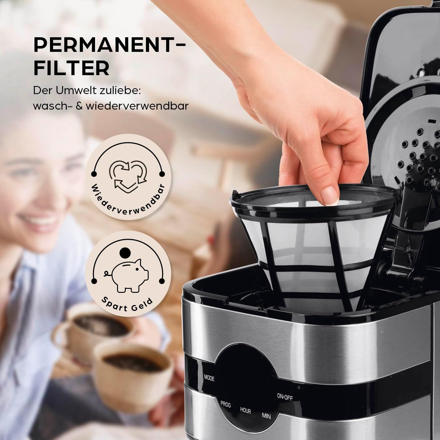 Barista Filterkaffeemaschine mit verstellbarem Mahlwerk & Thermokanne | Warmhaltefunktion, 24h Timer & Permanentfilter | Für 10 Tassen Kaffee | Kaffeemaschine für Bohnen & Pulver [Edelstahl]
