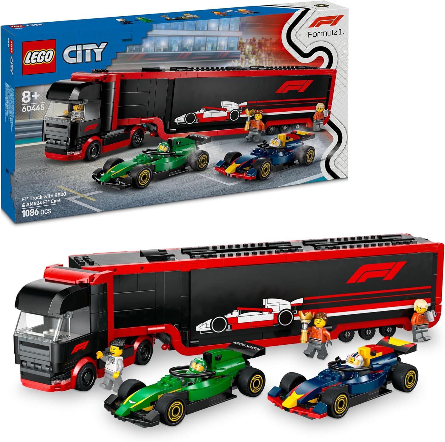 LEGO City F1-lastbil med RB20 och AMR24 F1-bilar, temabilpresent för barn från 8 år, byggsats med transportbil, 2 racerfordon och 5 minifigurer 60445