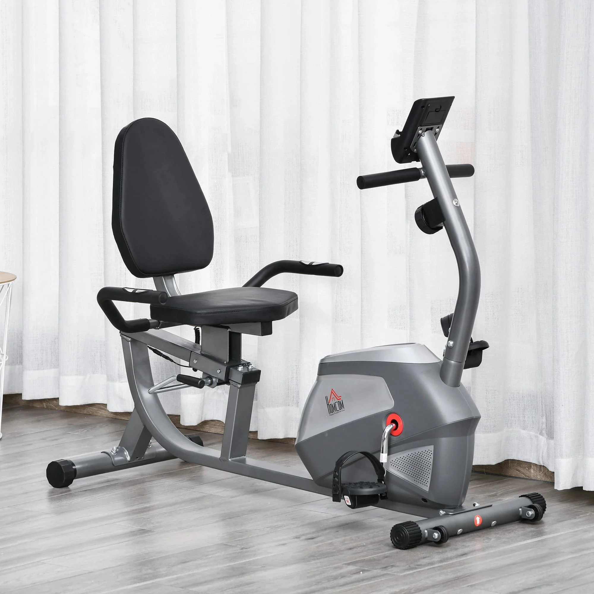 HOMCOM hometrainer fietstrainer vliegwiel hometrainer met 8 niveaus verstelbare magnetische weerstand verstelbare lengte magnetische weerstand wielen metaal ABS grijs + zilver 136 l x 62,5 b x 38 h cm
