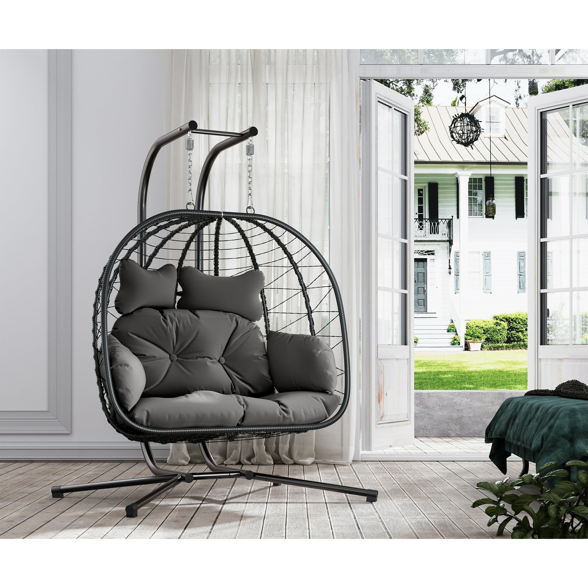 Bifanuo Double Wicker Swing Egg Chair Hammock Foldable Hanging Loveseat with Stand, UV Resistant Removable Cushions, 700LBS Capacity for Bedroom, Balcony (Black and Beige)