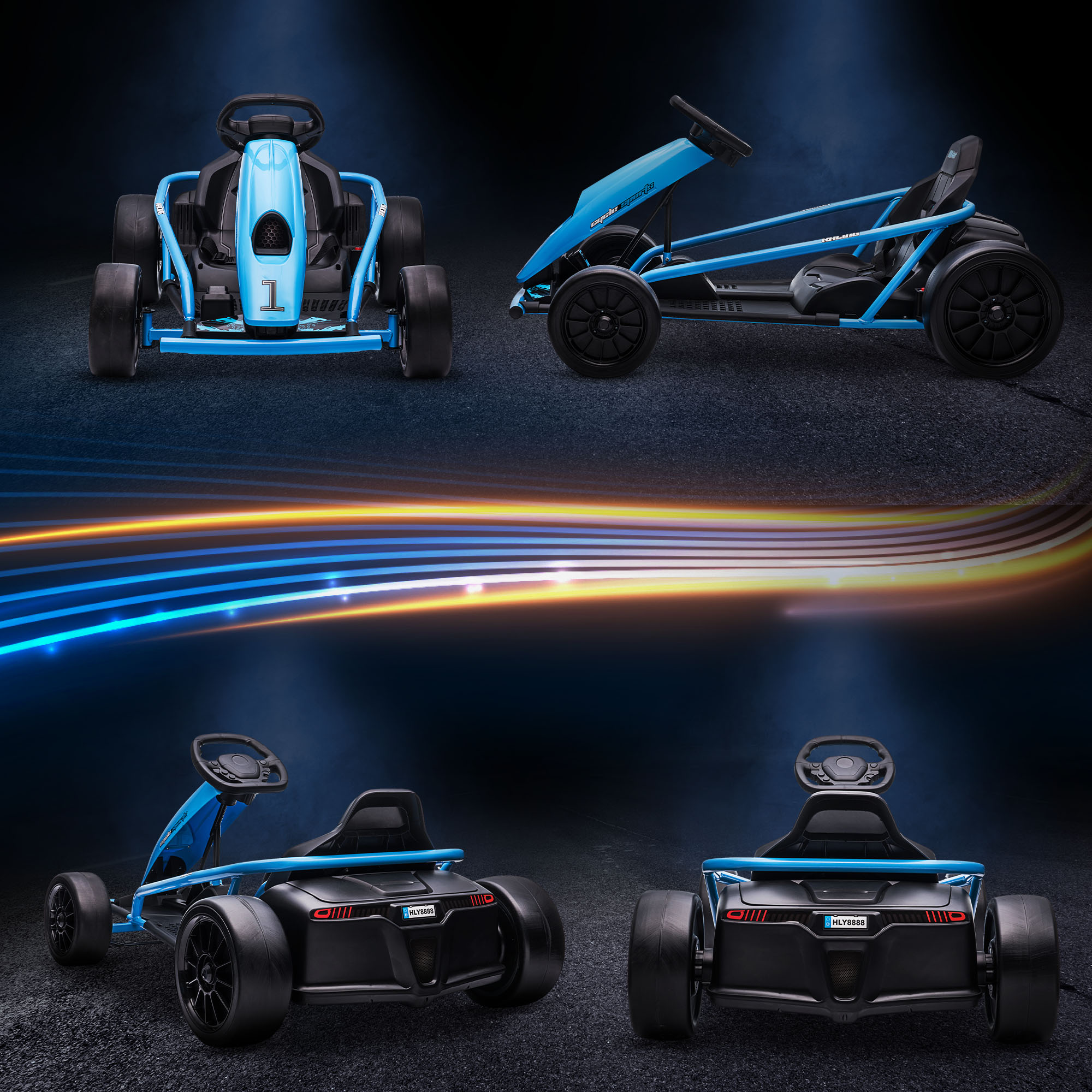 HOMCOM Elektro-Gokart für Kinder, Drift-Funktion, Hupe, Musik, Sicherheitsgurt, Soft-Start, Blau/Schwarz