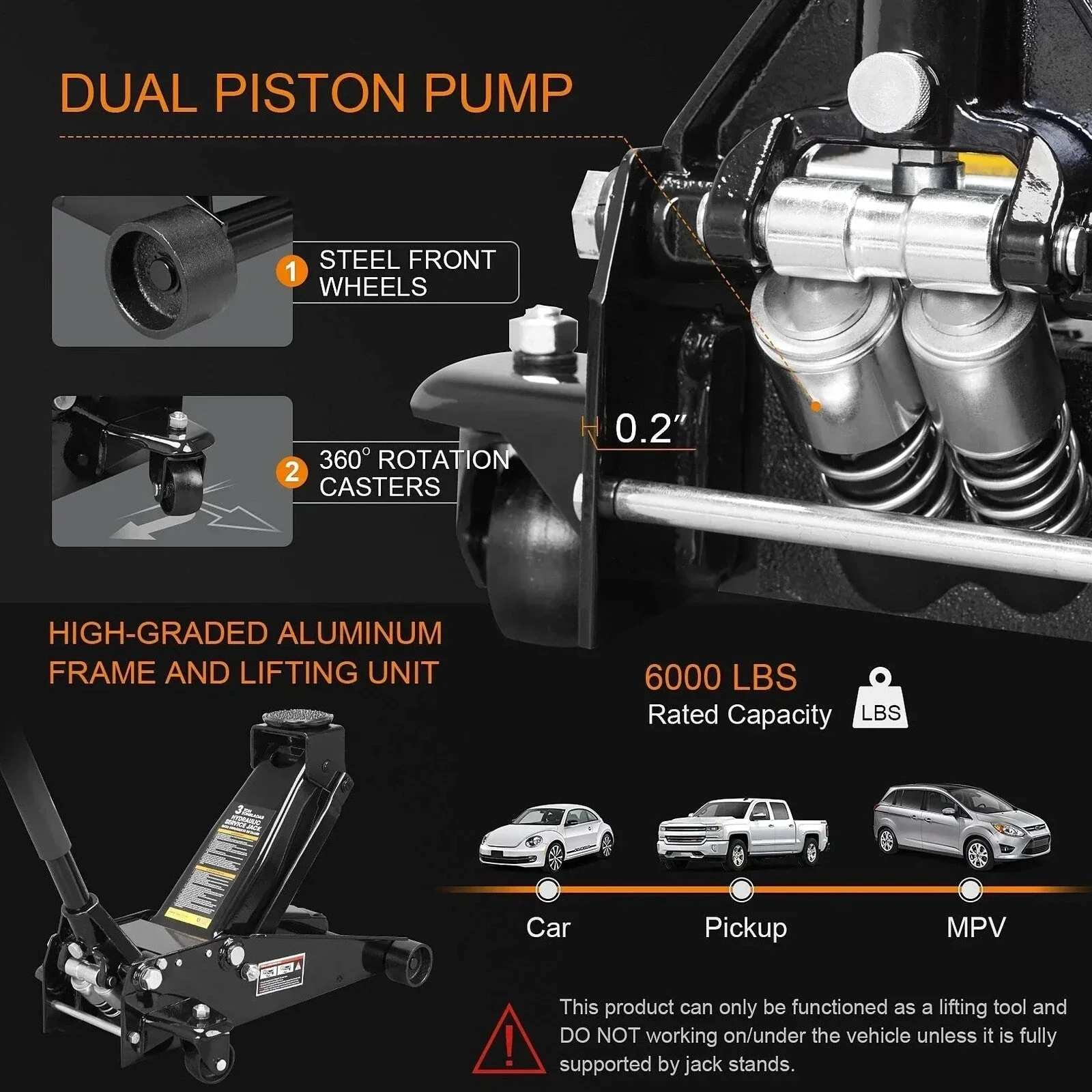 3 Ton Floor Jack Hydraulic Heavy Duty Steel Car Jack with Quick Lift Dual Pump,Black,W8303-B