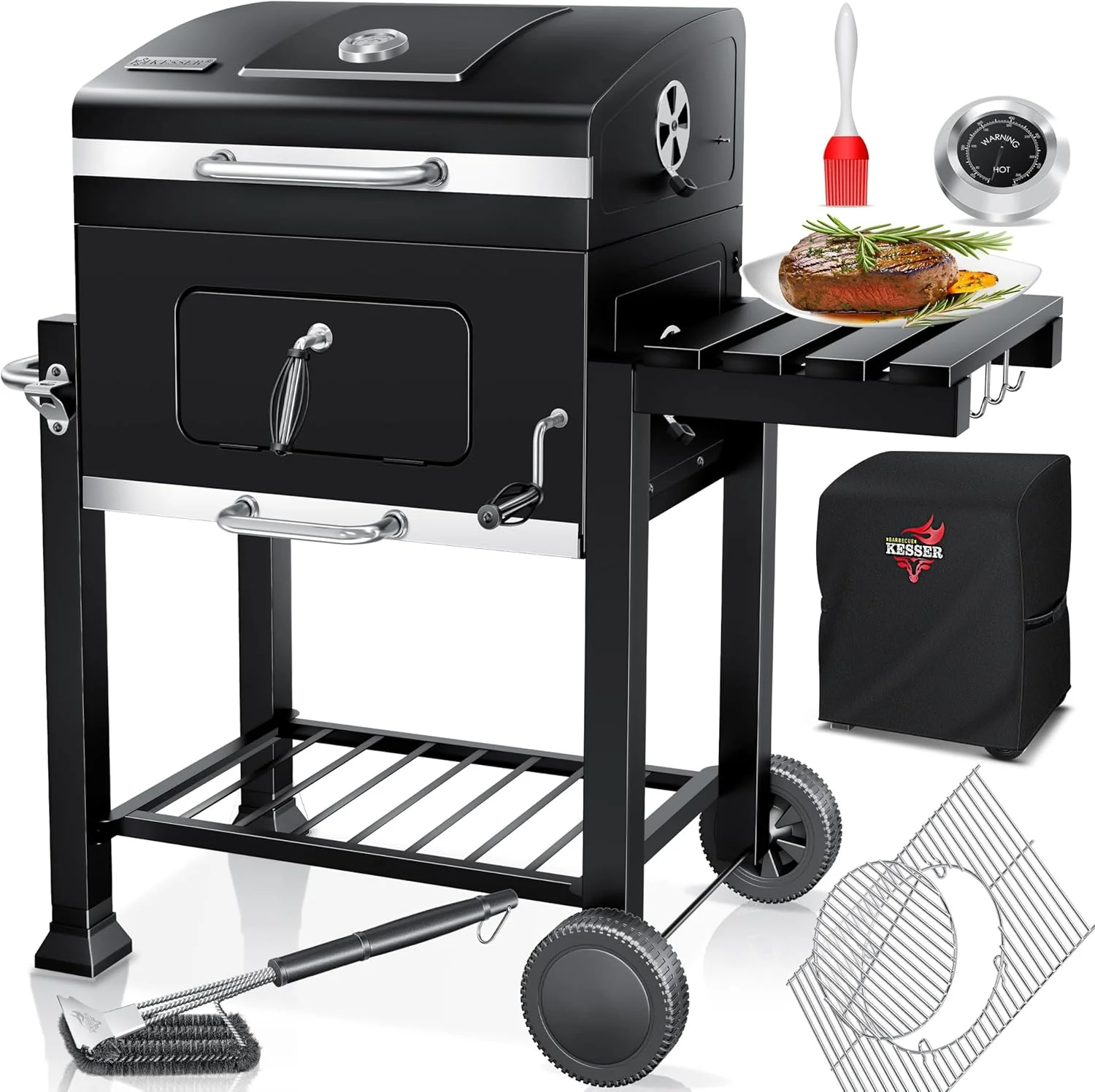 KESSER® Charcoal Grill with Grill Cart with Lid, Wheels, Stainless Steel Handle | Barbecue and Thermometer Charcoal Large BBQ Grill Camping Terrace Garden XXL Black