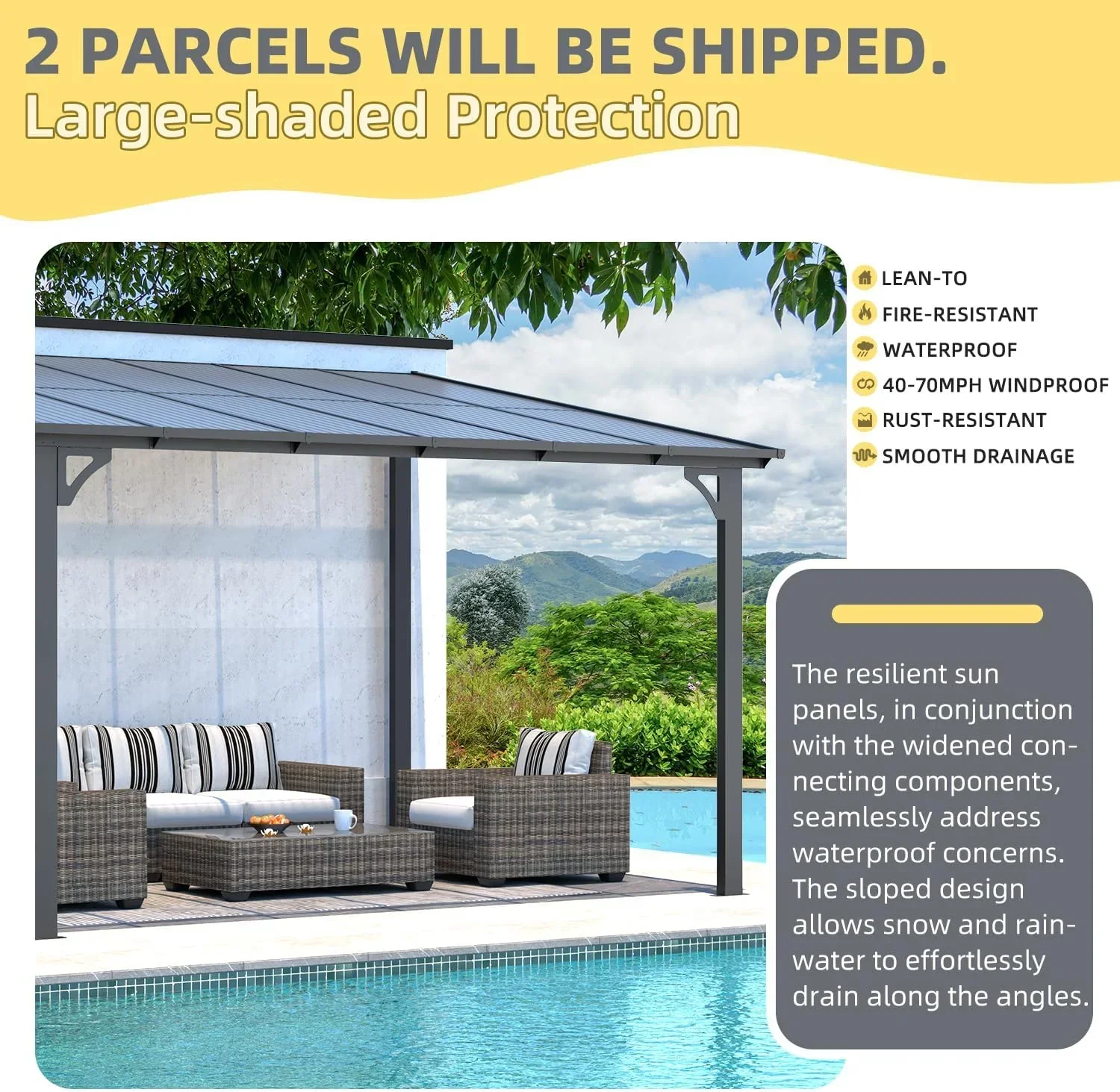 12' x 14' Outdoor Pergola Gazebo, Wall-Mounted Lean to Metal Awnings Gazebos on Clearance for Patio, Large Panel Roof Pergolas and Gazebo for Outdoor Use