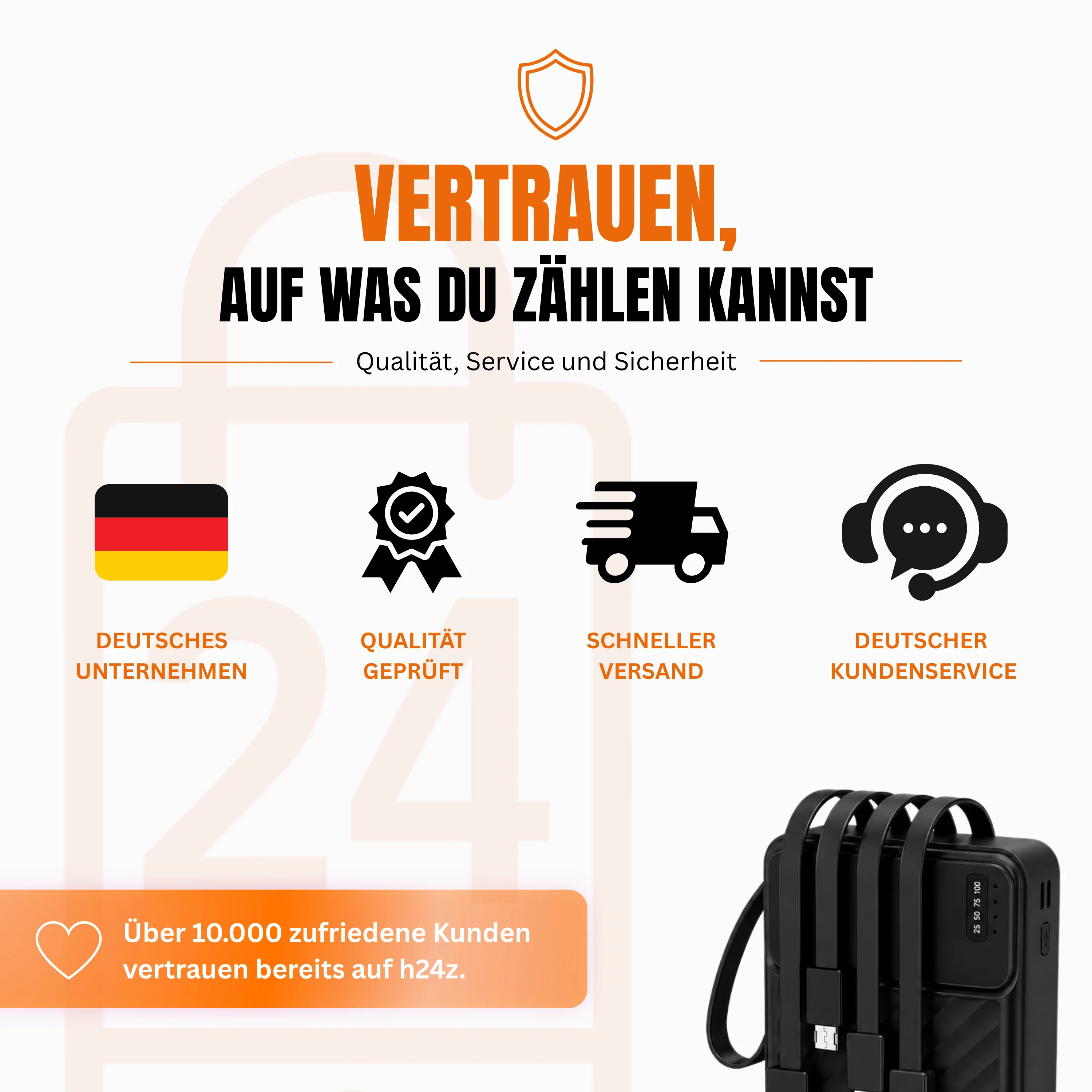 Powerbank 20.000 mAh mit integriertem USB-C-, USB-A & Lightning-Kabel Externer Akku mit Schnellladefunktion