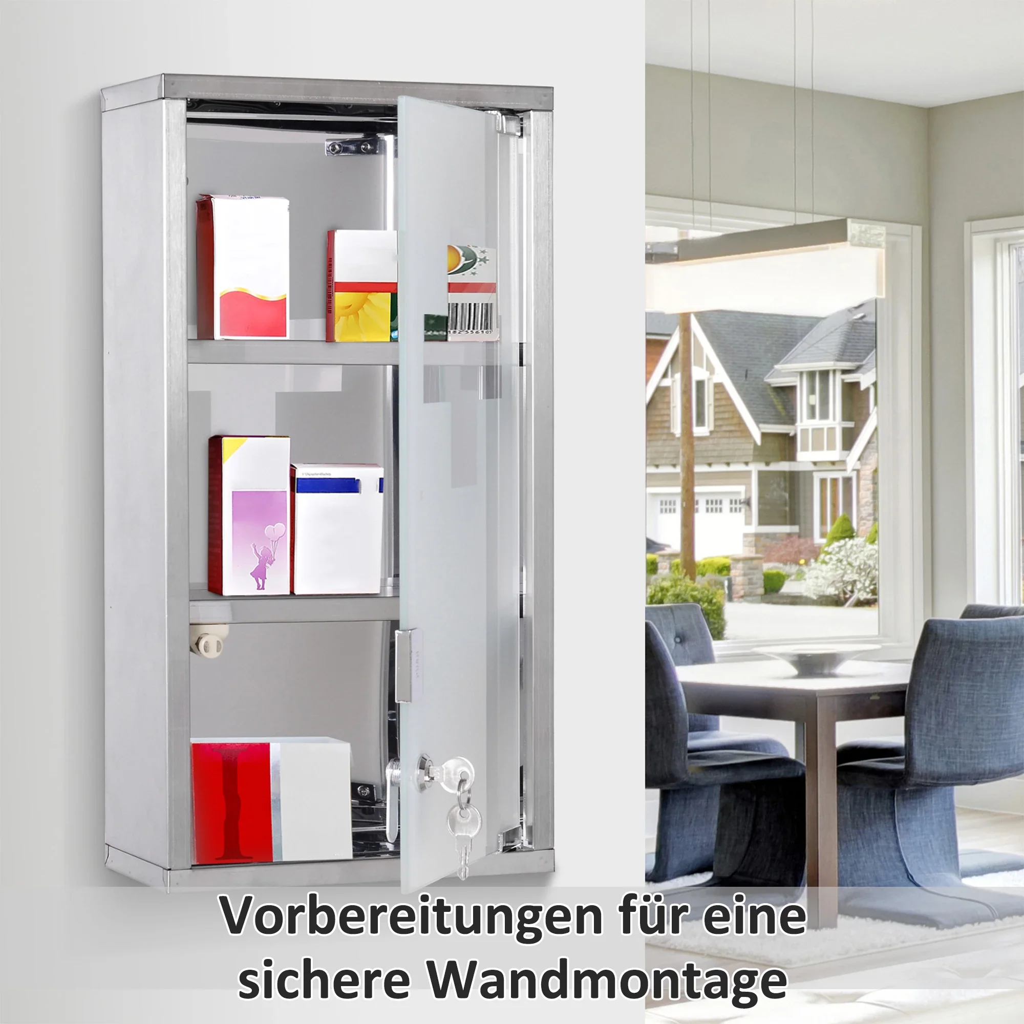HOMCOM Medizinschrank abschließbar 3 Fächer Edelstahl