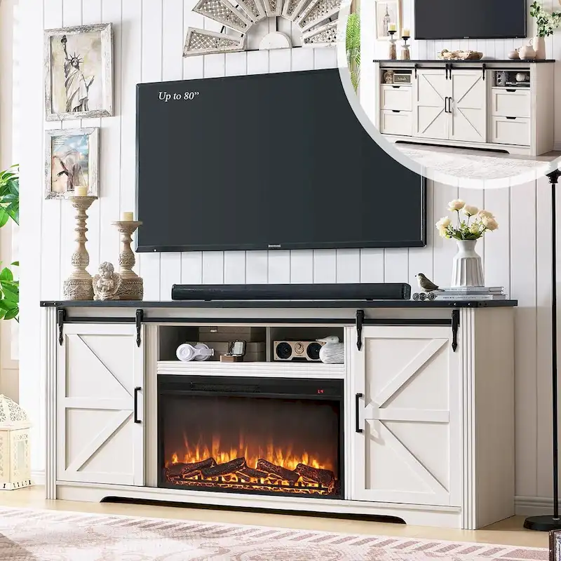 Farmhouse Fireplace TV Stand for 80 Inch TV, Entertainment Center