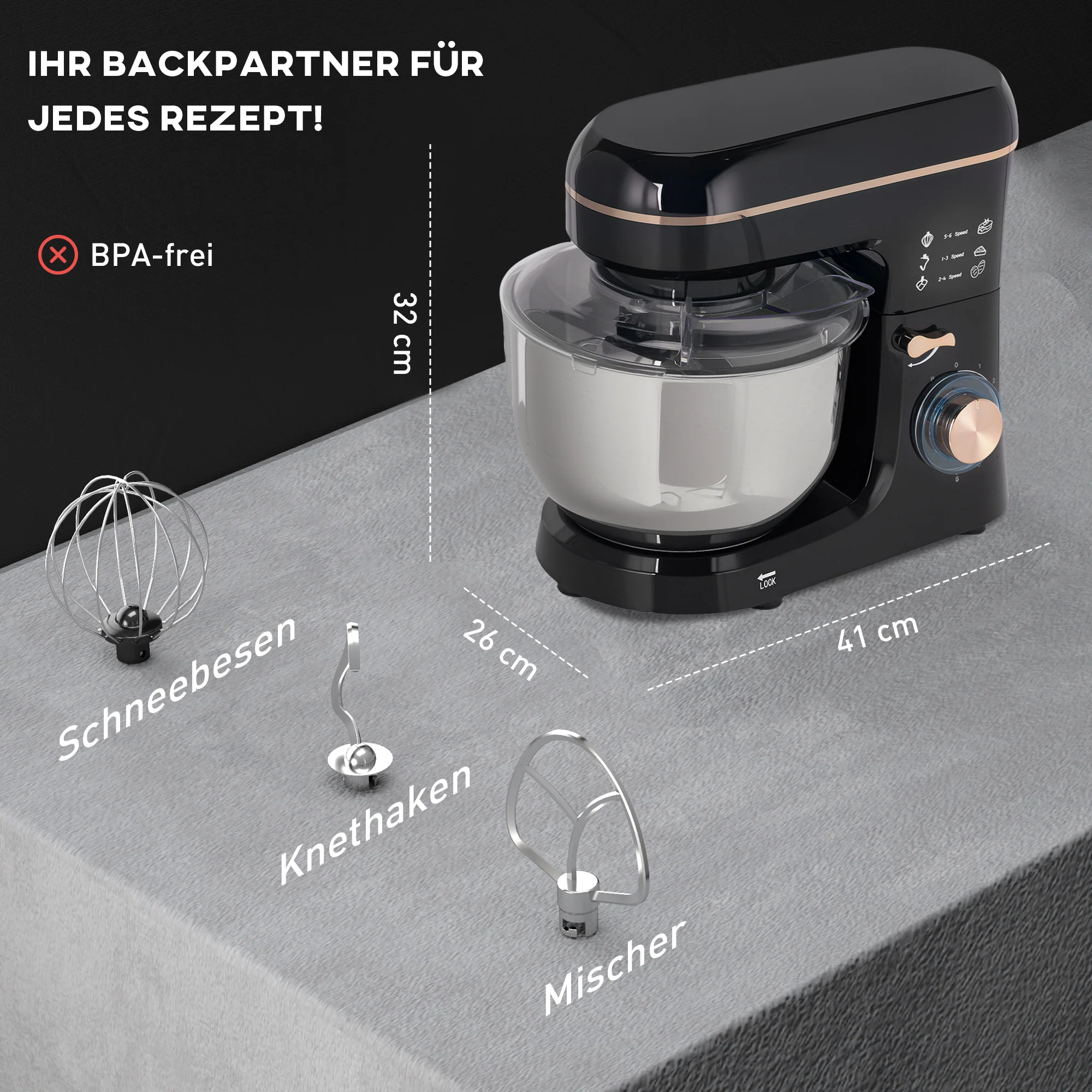 HOMCOM Staande Mixer, Keukenmachine, Mixer, 6 Standen, 5,5L Roestvrijstalen Kom, Zwart