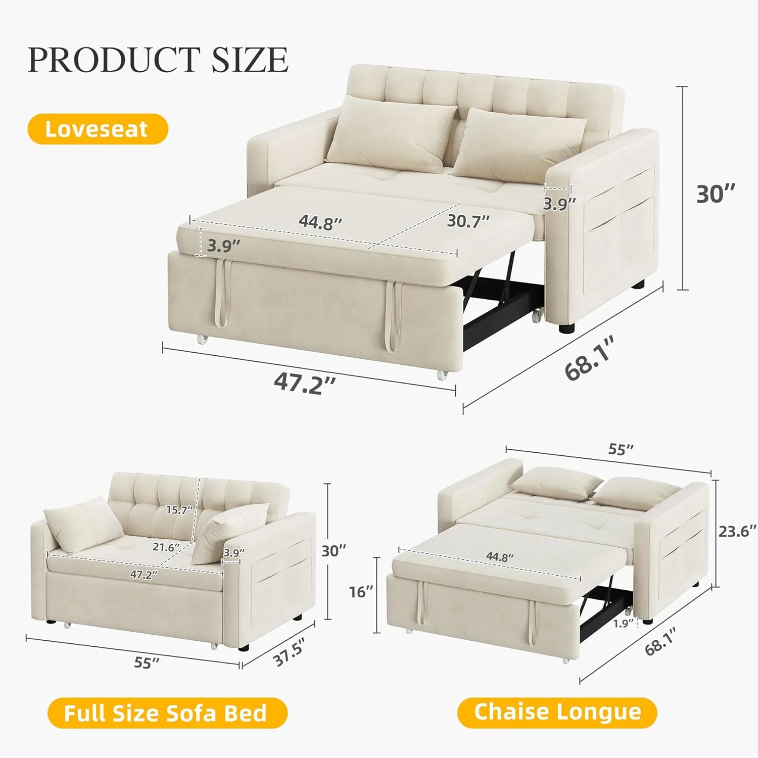DWVO 3-in-1 Convertible Sofa Bed, 55