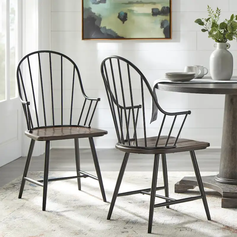 Set of 2 Farmhouse Spindle Arm Chairs Metal Frame with Wood Seat