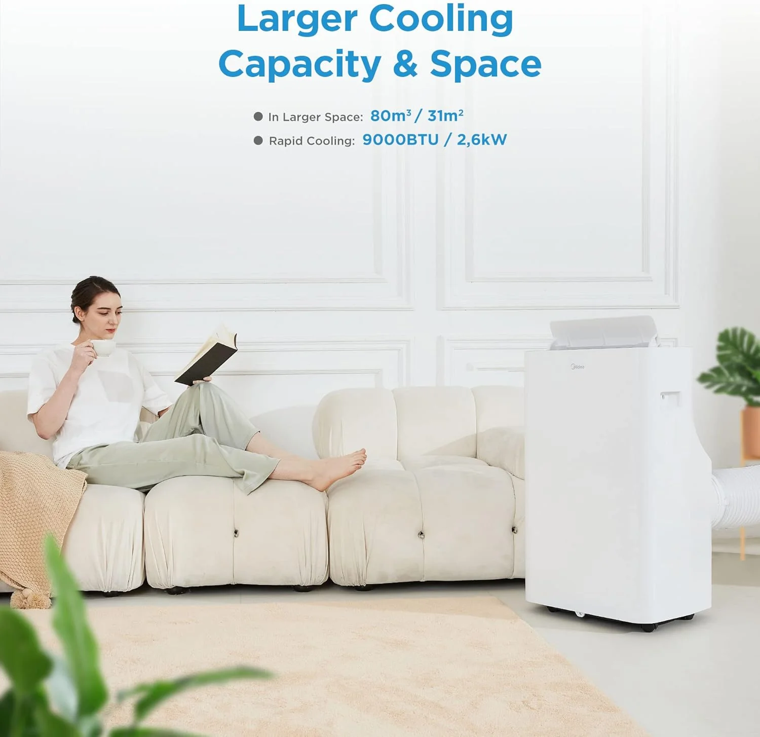 Midea Mobiles Klimager?t Silent Cool 26 Pro WF, 9000 BTU 2,6kW, K��hlen&Ventilieren&Entfeuchten, Raumgr??e bis 88m3(33�O), APP-Steuerung/Alexa/Google Home/IFTTT, Mobile Klimaanlage mit Abluftschlauch