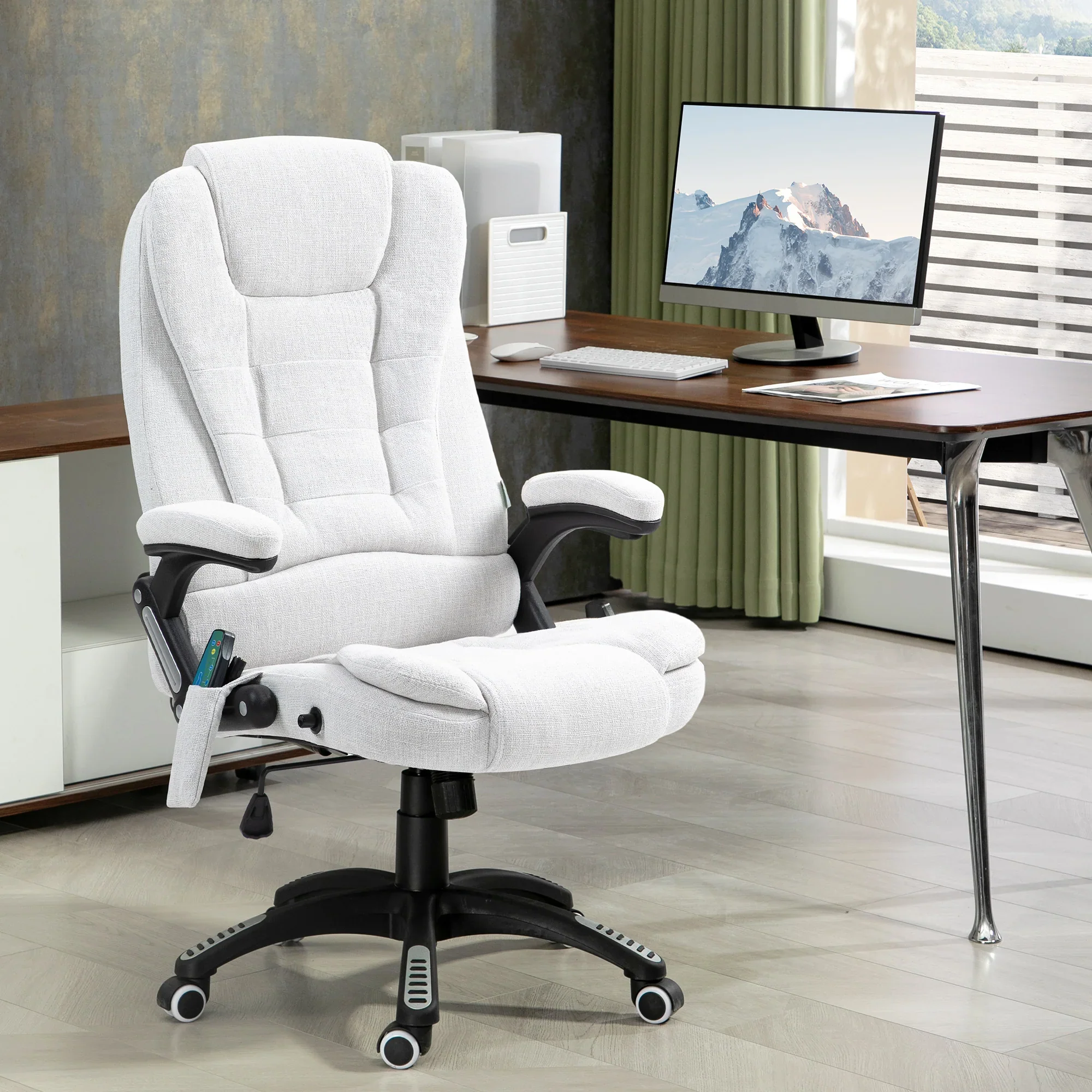 Silla de Oficina Ergonómica con Masaje de 6 Puntos y Calefacción en la Espalda, Tela Tipo Lino, Blanco Crema