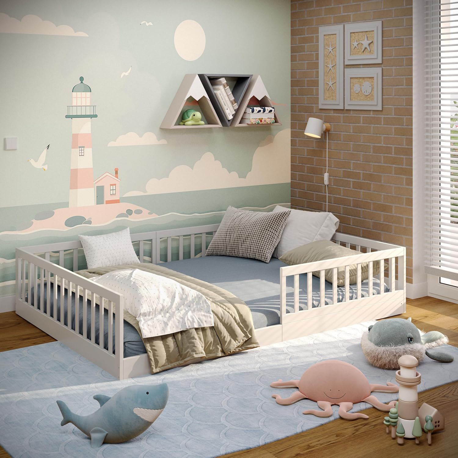 CADANI Timi 2in1 Bodenbett 140x200 cm Montessori Kinderbett mit abnehmbaren Rausfallschutz inkl. Lattenrost, Kiefer Massivholz, weiß - 3 Aufbauvarianten, bis 200 kg belastbar, umbaubar