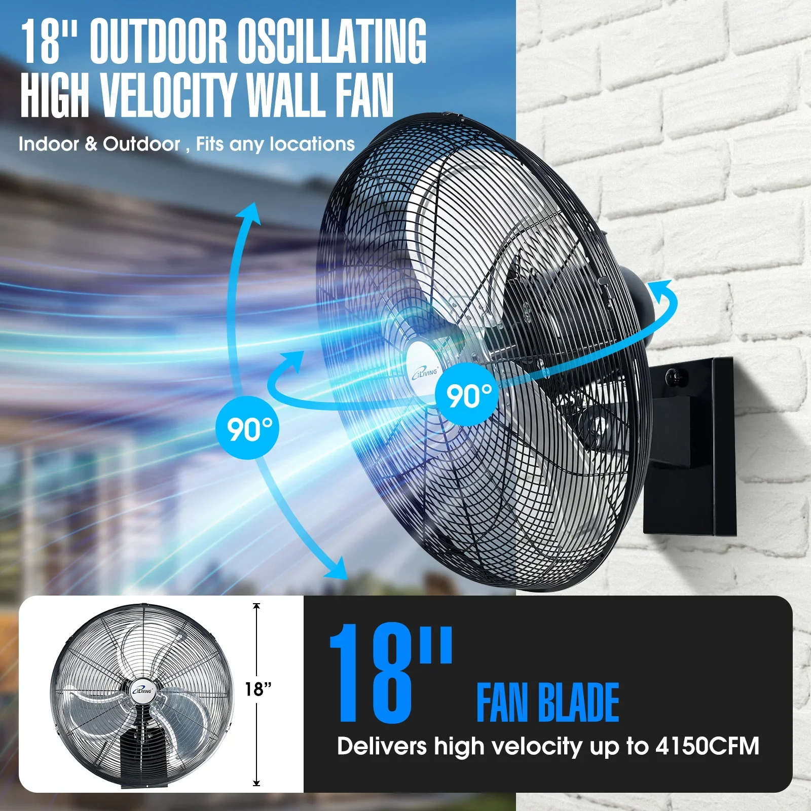 2025 Ventilador mural oscilante de alta velocidad iLiving de 18