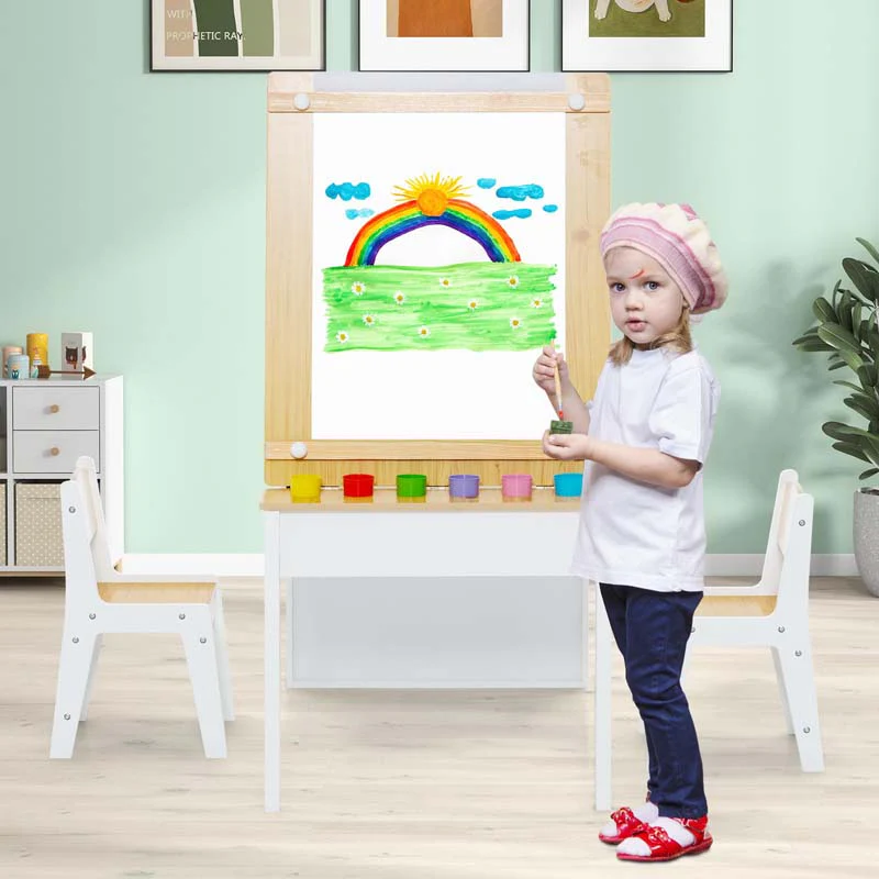 2-in-1 Kids Art Table Chair Set for Drawing Writing, Toddler Craft Play Wood Activity Desk w/2 Chairs Paper Roll Storage Canvas Bins