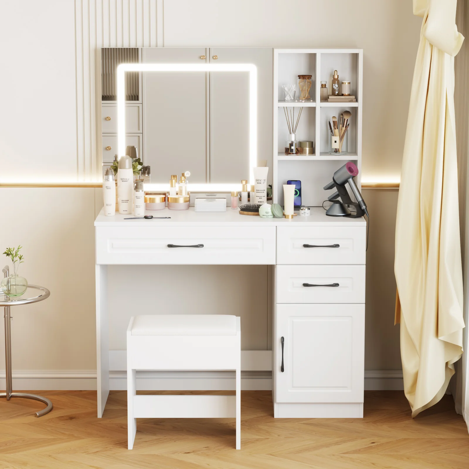 Dressing Table Stool Set with Charging Station