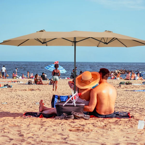 15x9ft Large Double-Sided Rectangular Outdoor Steel Twin Patio Market Umbrella w/Crank Taupe