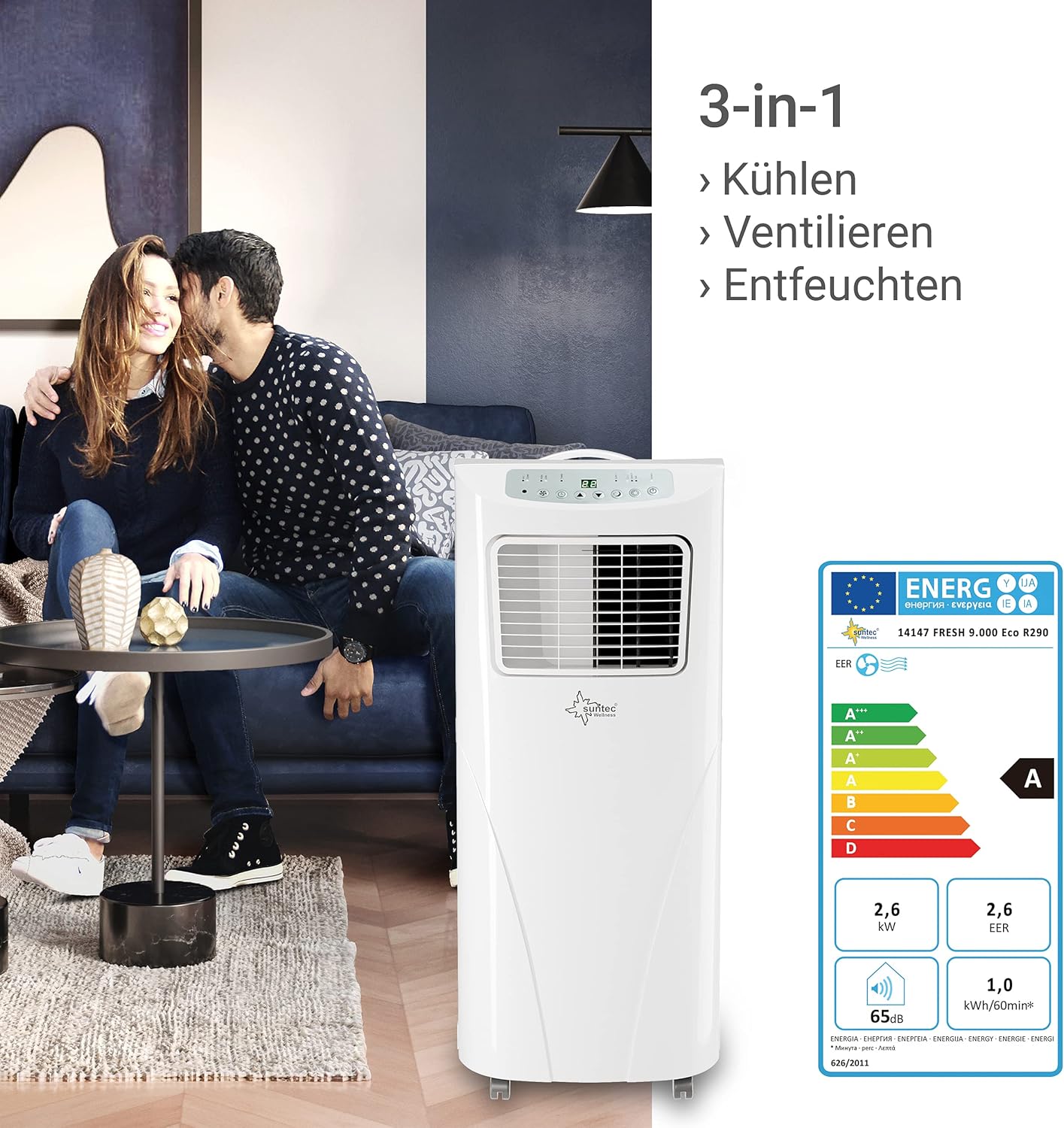 SUNTEC Mobiles Klimagerät Impuls 2.6 Eco R290 – Klimaanlage mobil und leise mit Abluftschlauch – Kühler & Entfeuchter für Räume bis 34 qm – Mobile Kühlung für Wohnung & Büro – 9.000 BTU | 2600 Watt