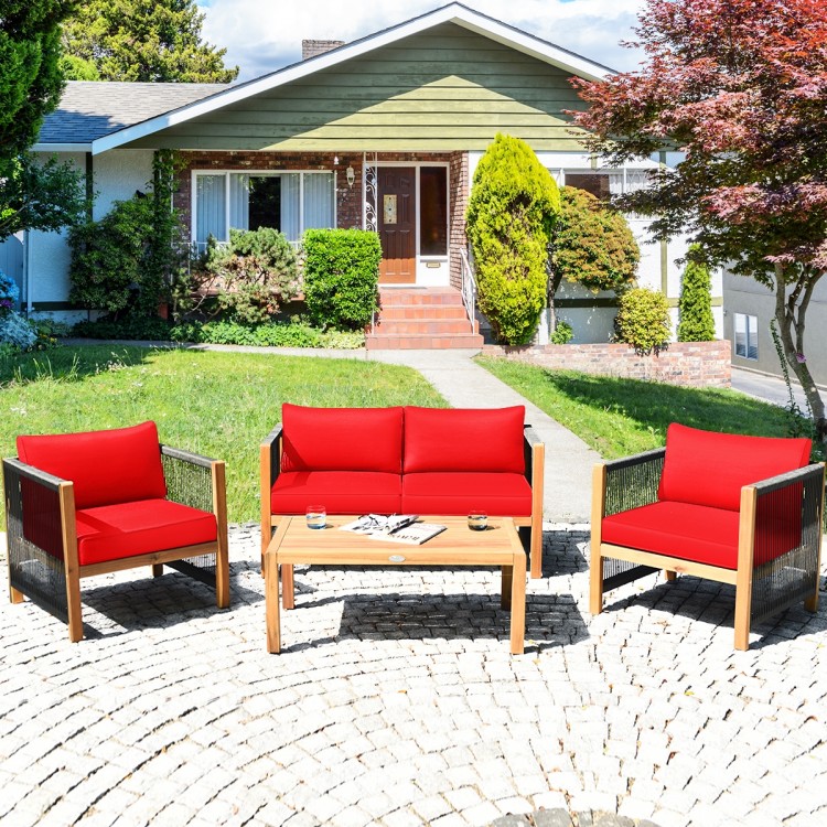 4 Pieces Wood Outdoor Patio Furniture Set with Cushions for Garden