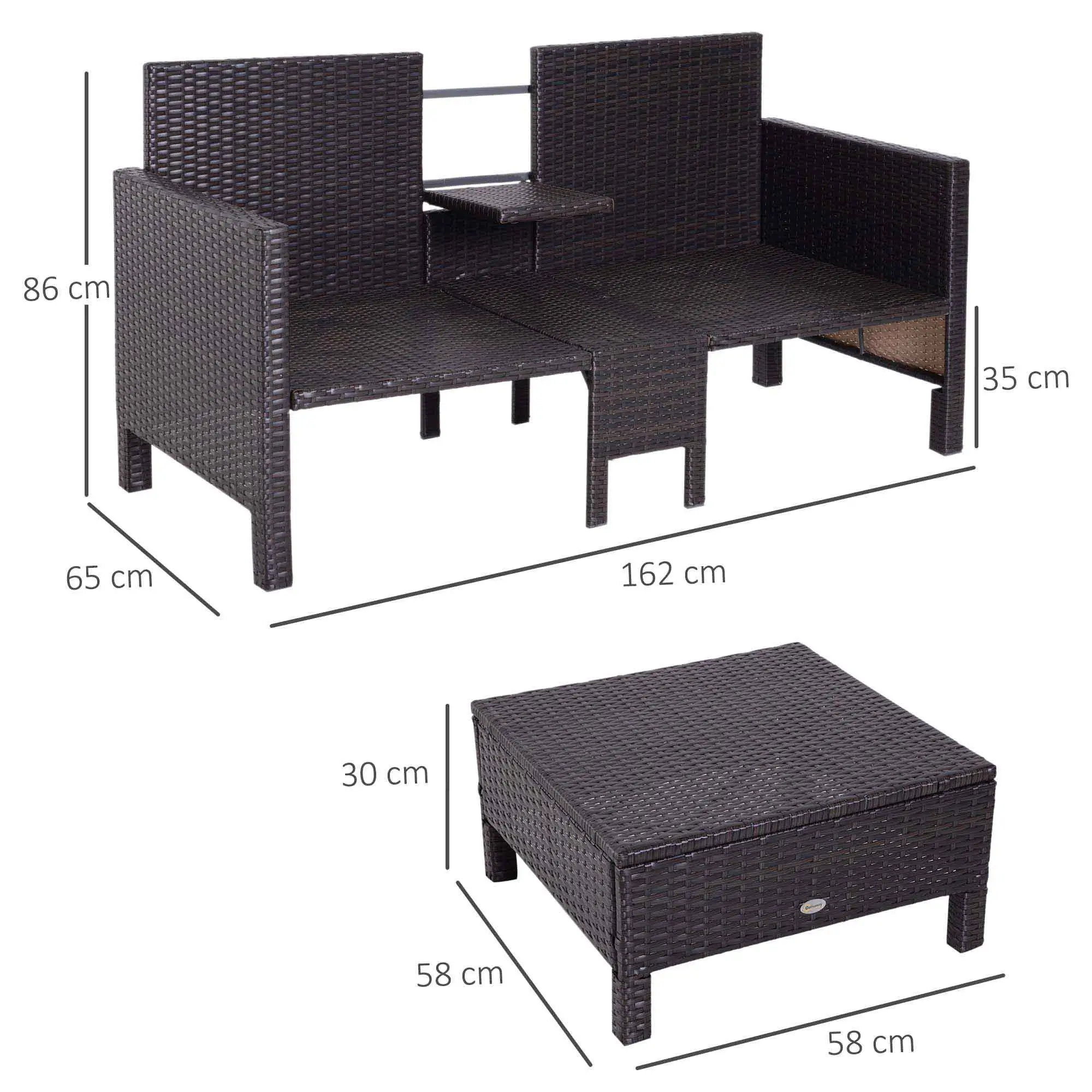 Outsunny Polyrattan Gartensofa-Set 3-teilig mit Hocker Kissen Outdoor