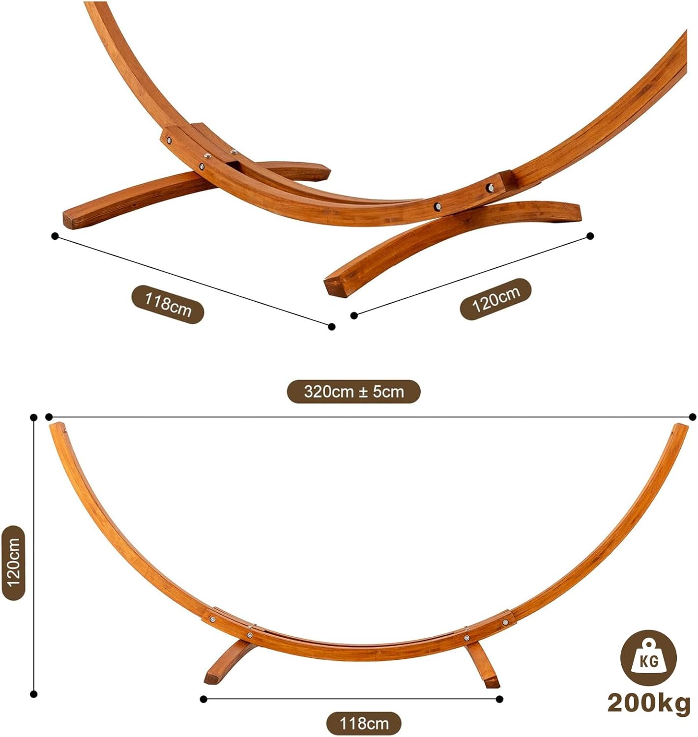Hängematte mit Gestell, Mit 2 Hängematte, 200kg Belastbarkeit, Maße: 320x120x120 cm, Stabilem Bogengestell aus Massivkiefernholz, Für Garten, Terrasse und Balkon