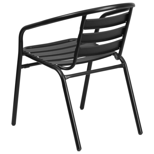 23.75  Round Glass Metal Table with 2 Black Metal Aluminum Slat Stack Chairs