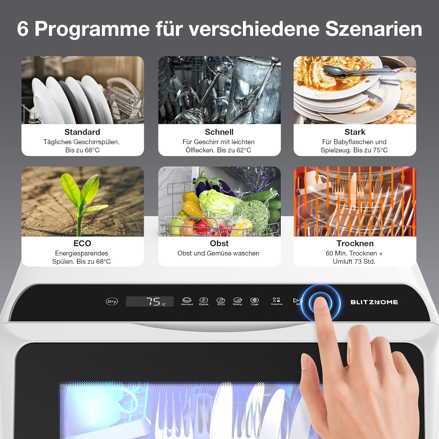 Mini Spülmaschine, BLITZHOME Mini Geschirrspüler App Steuerung, 6 Programme Tragbarer Smart Tischgeschirrspüler mit 5L Wassertank, mit/ohne Wasseranschluss Benutzbar, Trockenfunktion, für Camping