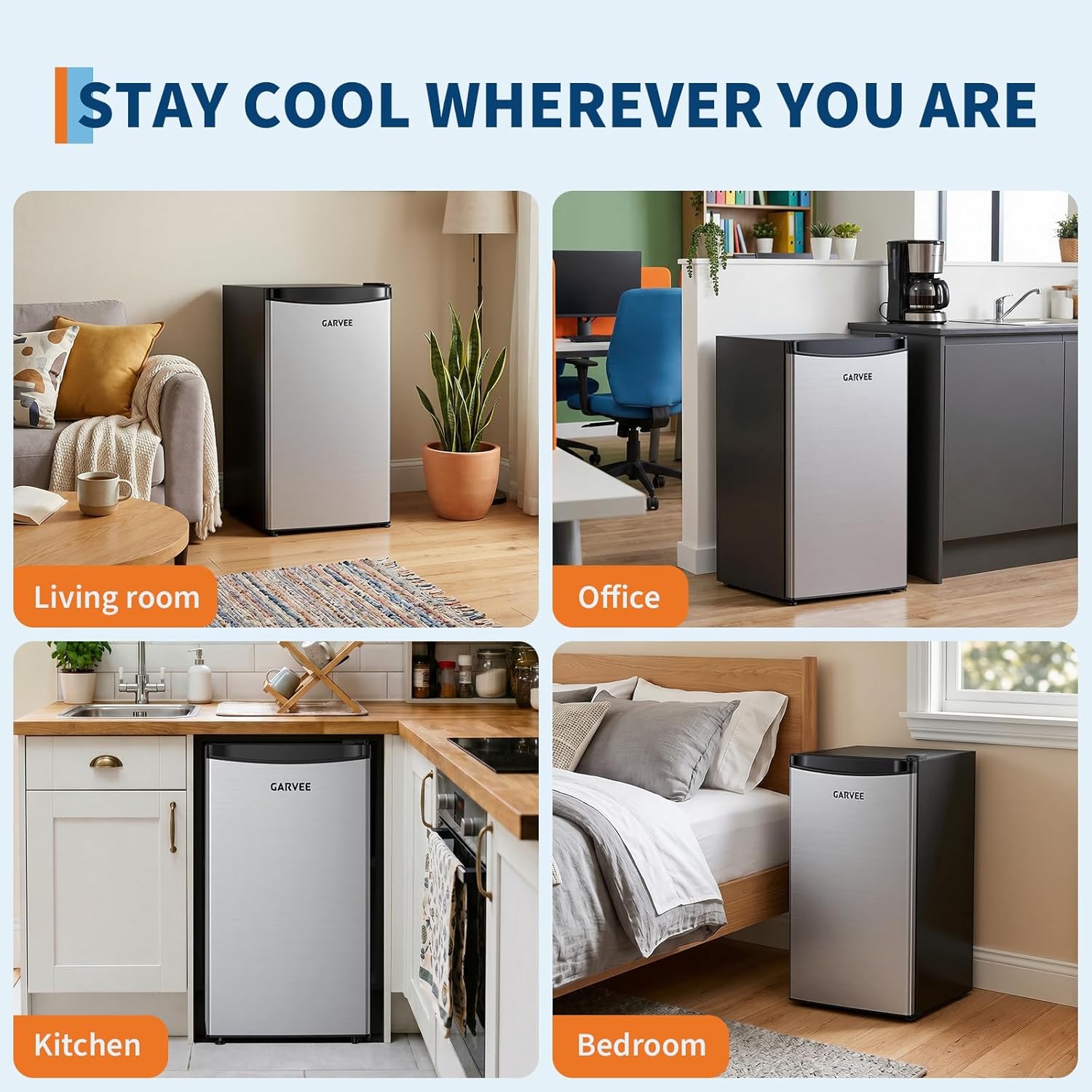 Garvee Leiser Mini Kühlschrank 45L – Edelstahlfront, 5 Temperaturstufen (0–18℃), Gemüseschublade, verstellbare Füße, kompakt & energieeffizient – Für Zimmer & Büro – European Standard