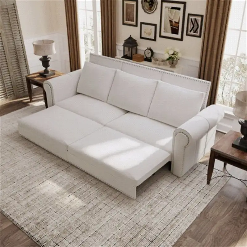 3-in-1 King Pull Out Sofa Bed Chesterfield Sofa, Velvet/Faux Leather Convertible Sleeper Sofa with Nailhead Trim & Rolled Arm