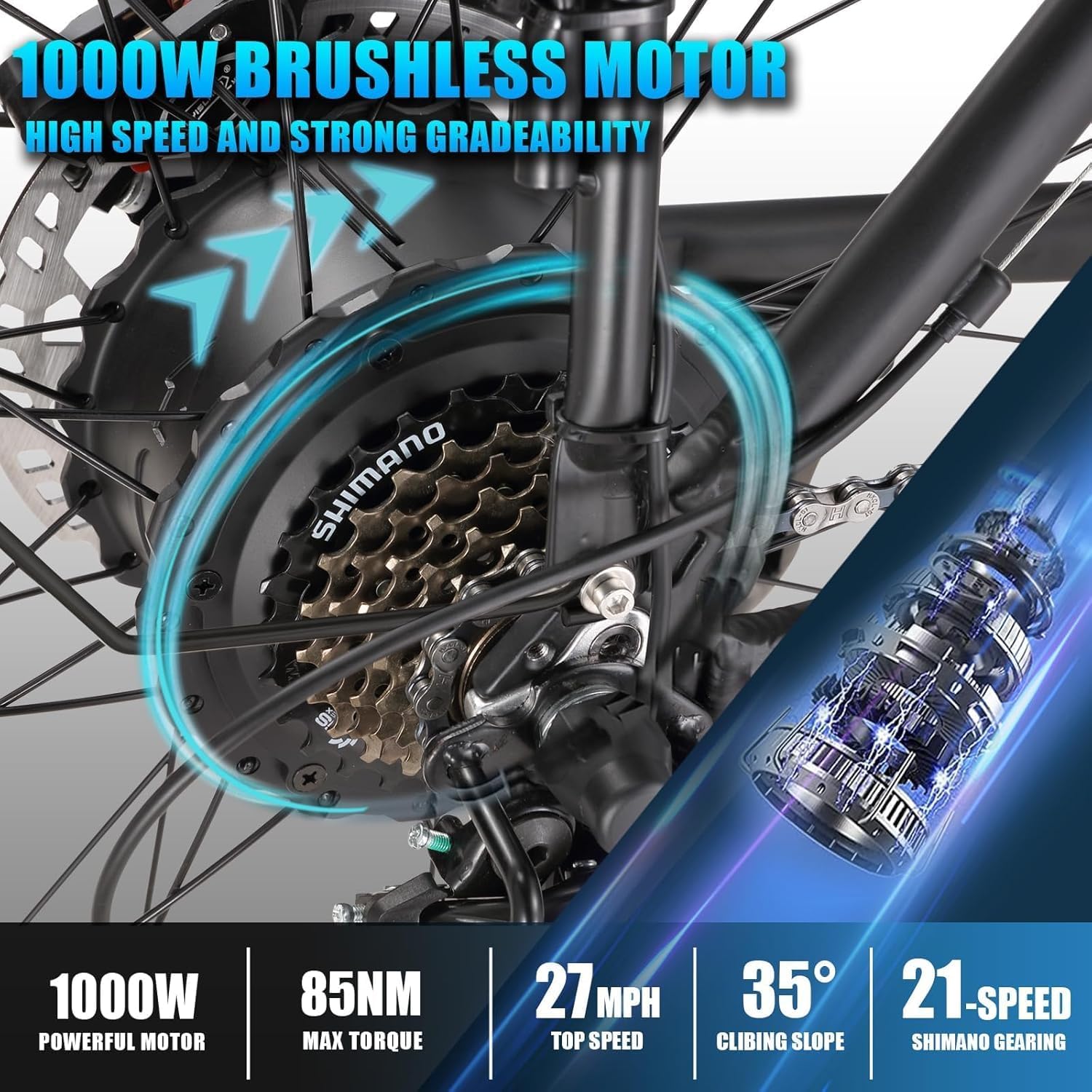 Electric Bike for Adult, 26 x 4.0 Fat Tire Ebike, 1000W/2000W Peak Electric Bicycle, 48V 13/17.5/23AH Waterproof Battery, Front Suspension Ebike, 27MPH-46MPH, Adjustable Seat, UL and GCC Certified