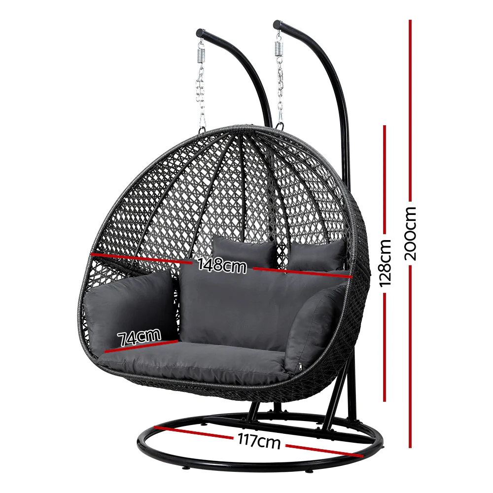 Gardeon Outdoor Egg Swing Chair Wicker Furniture Pod Stand Cushion 2 Seater Grey