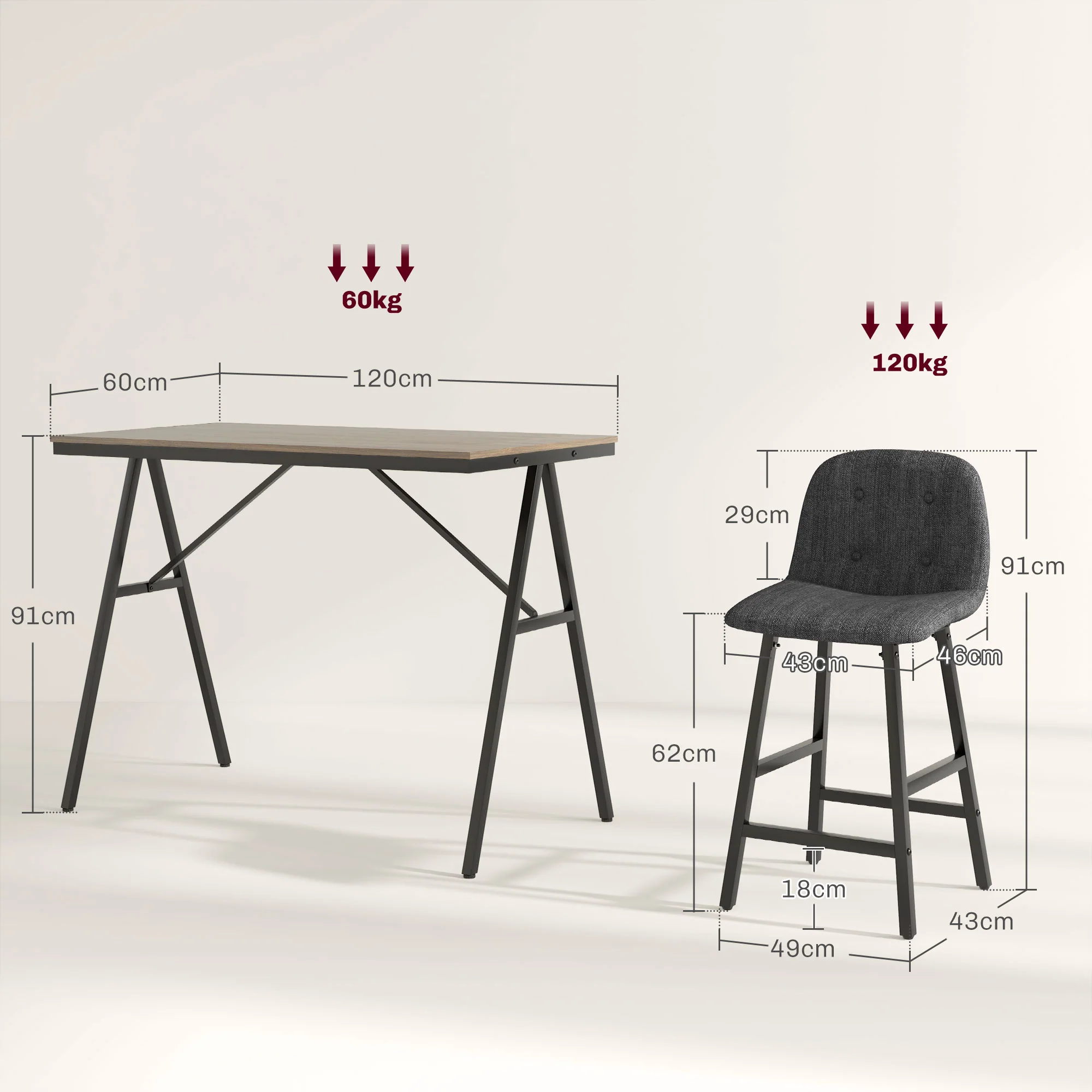HOMCOM 5-delige Bargarnituur, Tafel en 4 Stoelen, Knoopafwerking, Dikke Bekleding, Linnenlook, Donkergrijs