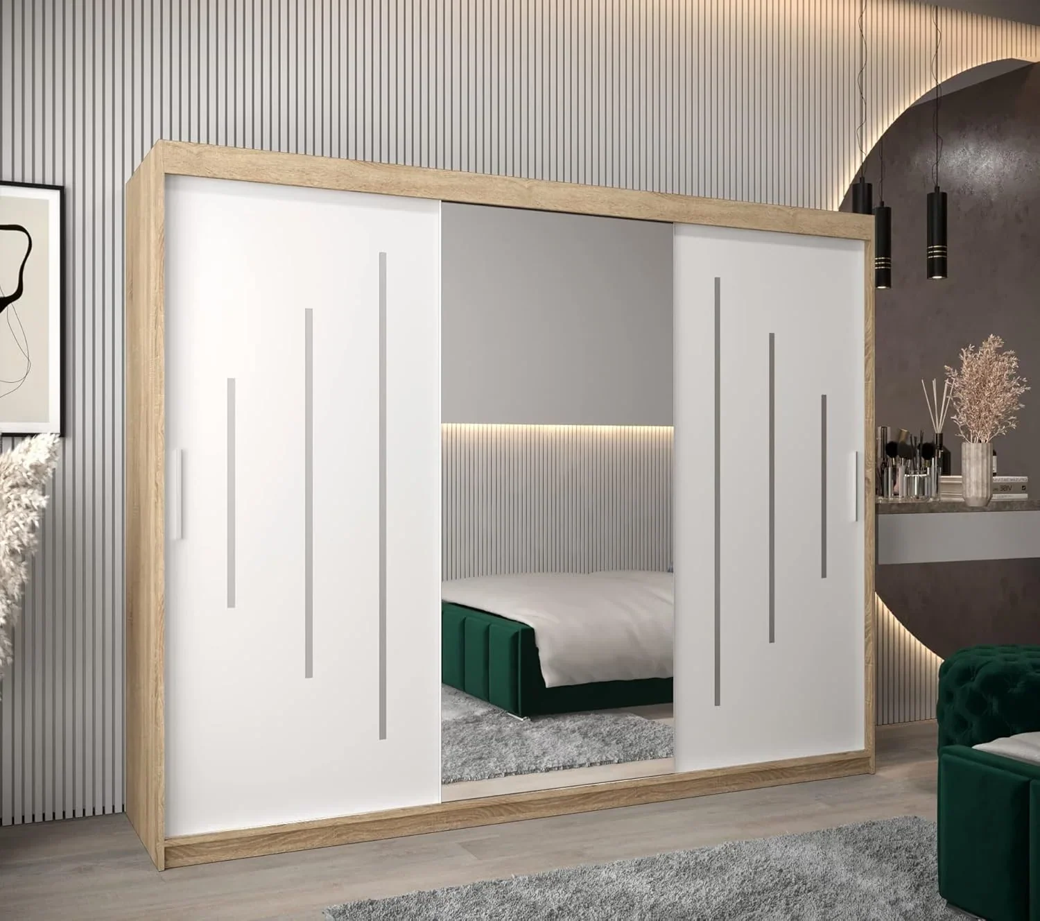 ABIKSMEBLE York 1 250 Armario de 2 puertas correderas para dormitorio - Armario moderno con espejo, barra y estantes - 250x200x62 cm (ancho x alto x fondo) - Sonoma + blanco mate